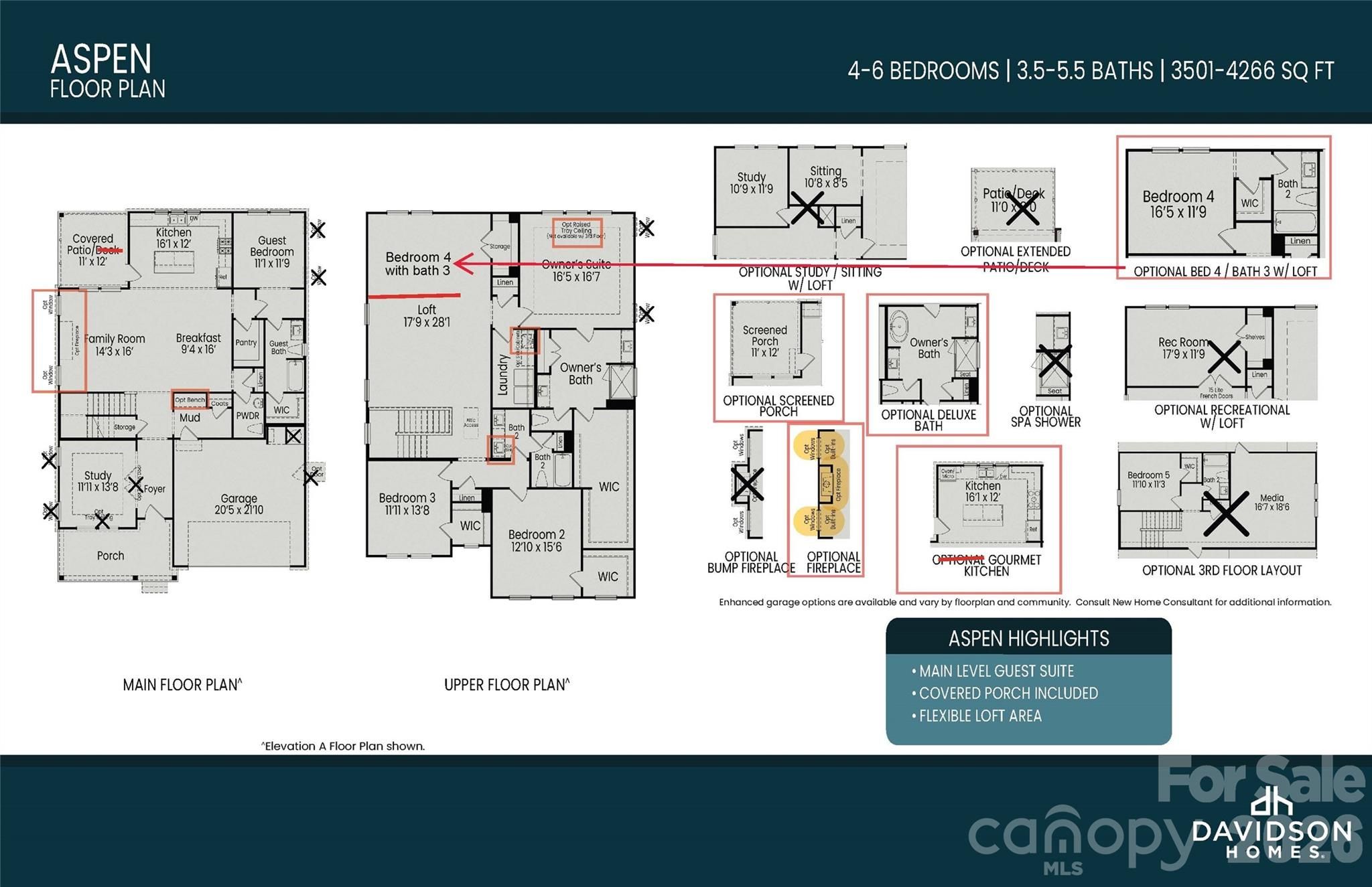 Davidson Homes Aspen B floor plan layout, 5-bedroom 2-story home in Enclave at Belmont, Belmont, North Carolina, 3,515 sq ft