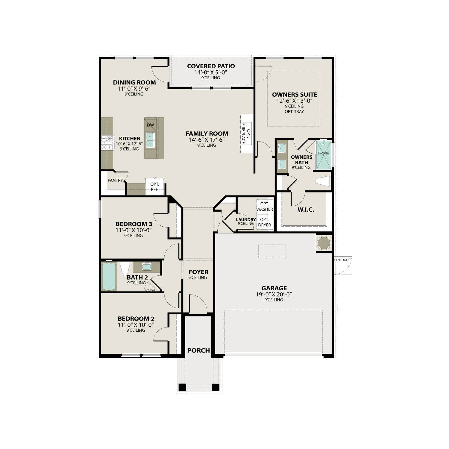 Floor plan of The Asheville 3-bedroom single-story home with open kitchen, family room, master suite, 2-car garage