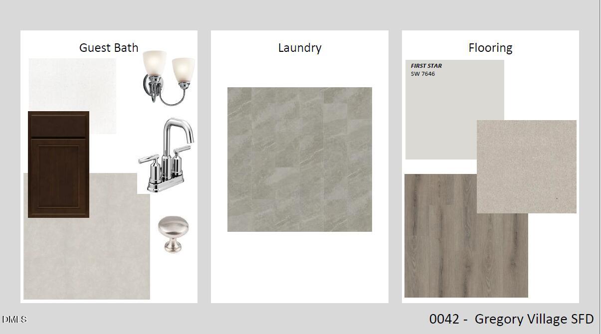 Guest bath vanity with chrome faucet and sconce, laundry area, first floor flooring samples in Davidson Homes The Adalynn A, Gregory Village, Lillington, NC