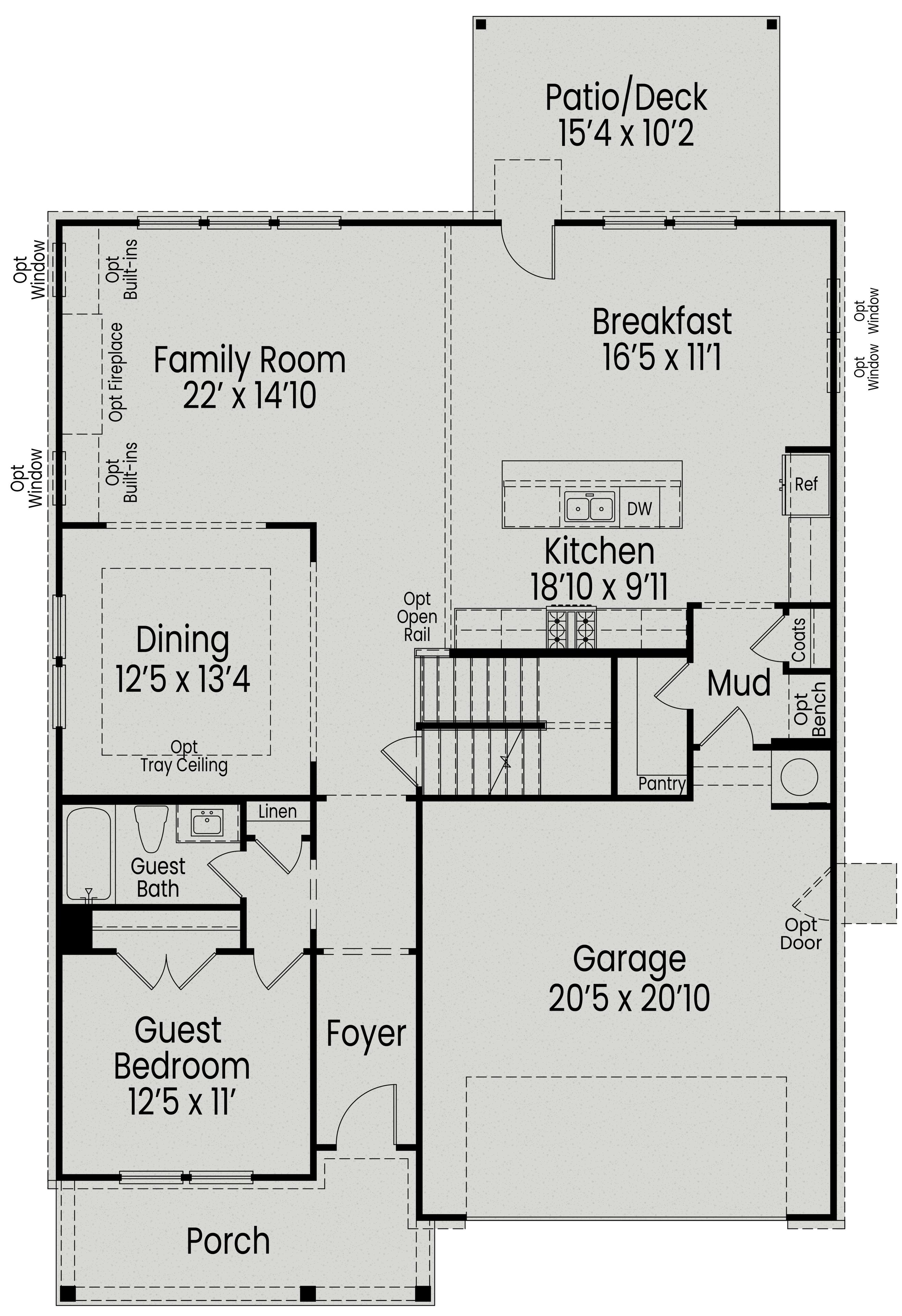 Beech B first floor plan by Davidson Homes: open kitchen, family room, dining, guest bedroom, 20x20 garage, Raleigh NC home design