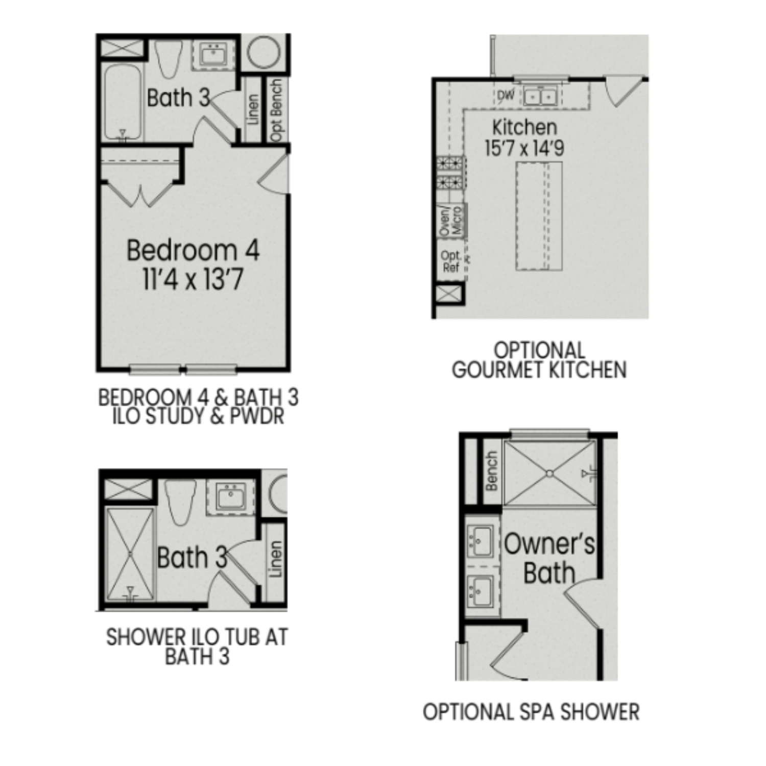 The Avery floor plan showcasing Bedroom 4, Bath 3, 15x15 gourmet kitchen, and owner's bath with optional spa shower
