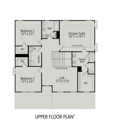 Upper floor plan of The Willow B showcasing owner's suite, secondary bedrooms, baths, and laundry in 2-story Davidson home