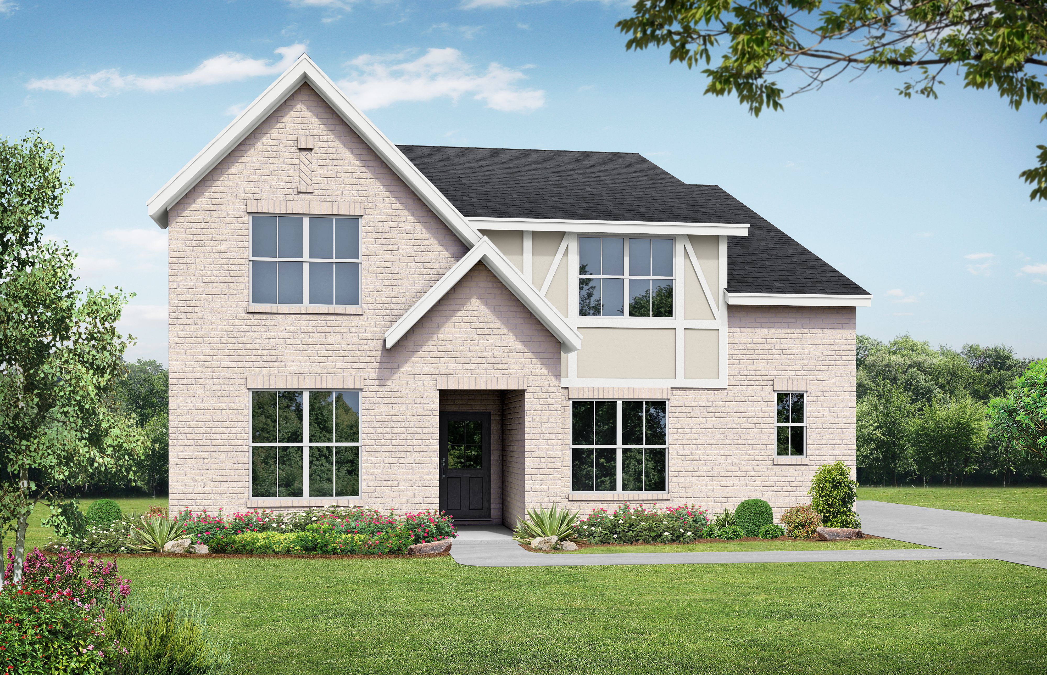 Exterior elevation of The Ridgeport B in White House, TN, featuring a light brick facade and charming cottage details.