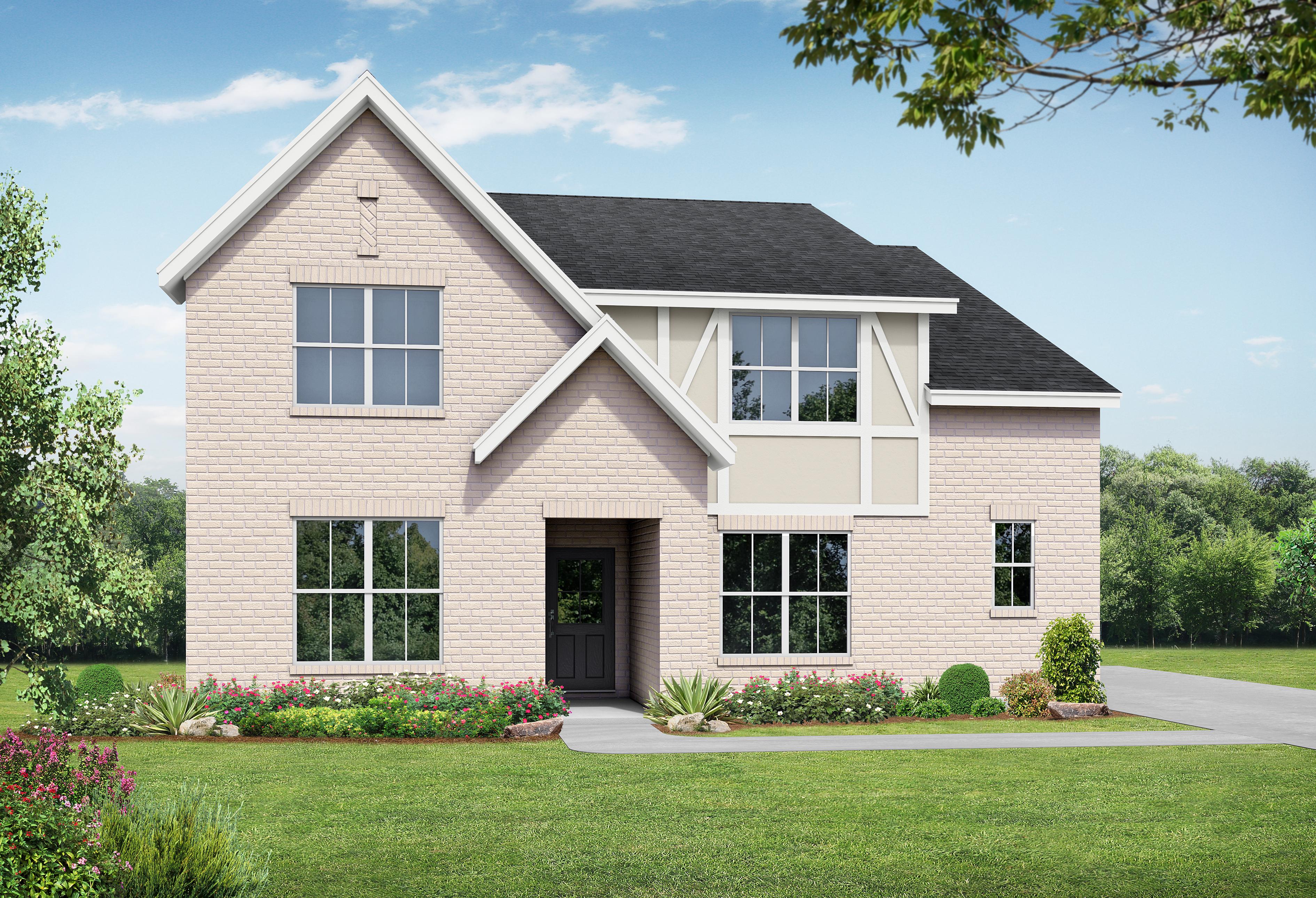 Exterior elevation of The Ridgeport B in White House, TN, featuring a light brick facade and charming cottage details.