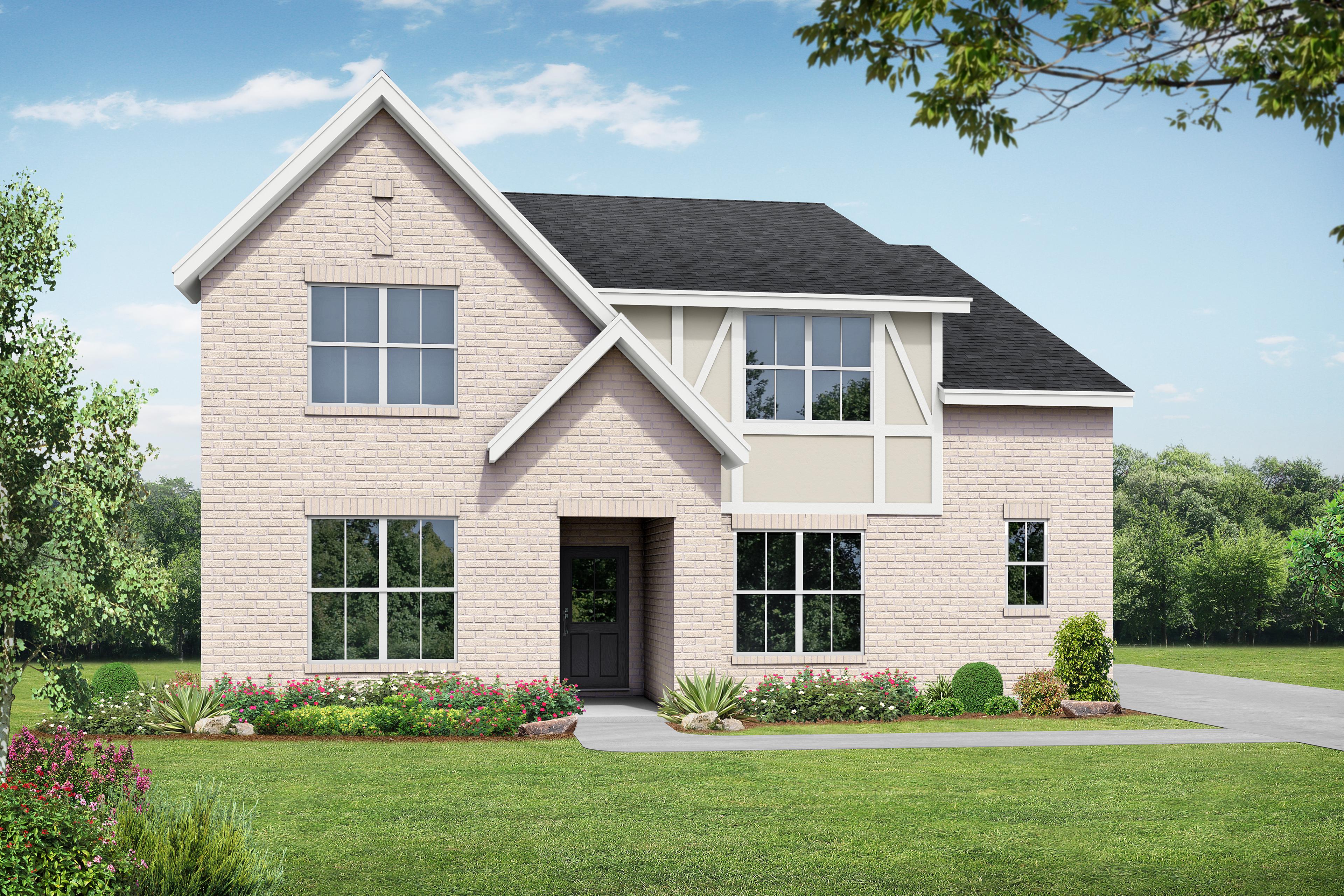 Exterior elevation of The Ridgeport B in White House, TN, featuring a light brick facade and charming cottage details.