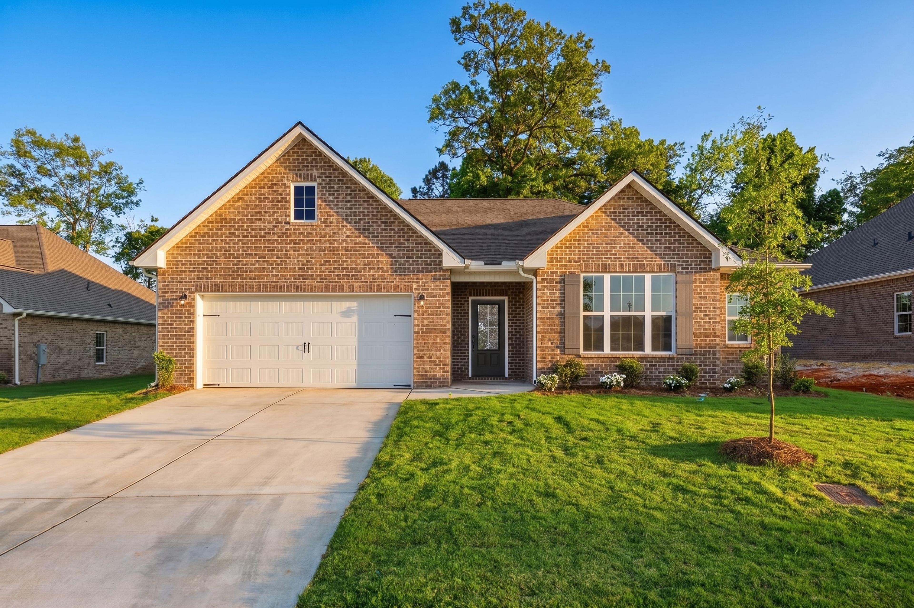 Spacious living room in Heritage Lakes home, New Market Alabama with gray shiplap walls, mounted TV, plush L-shaped sofa, ceiling fan, and scenic window views