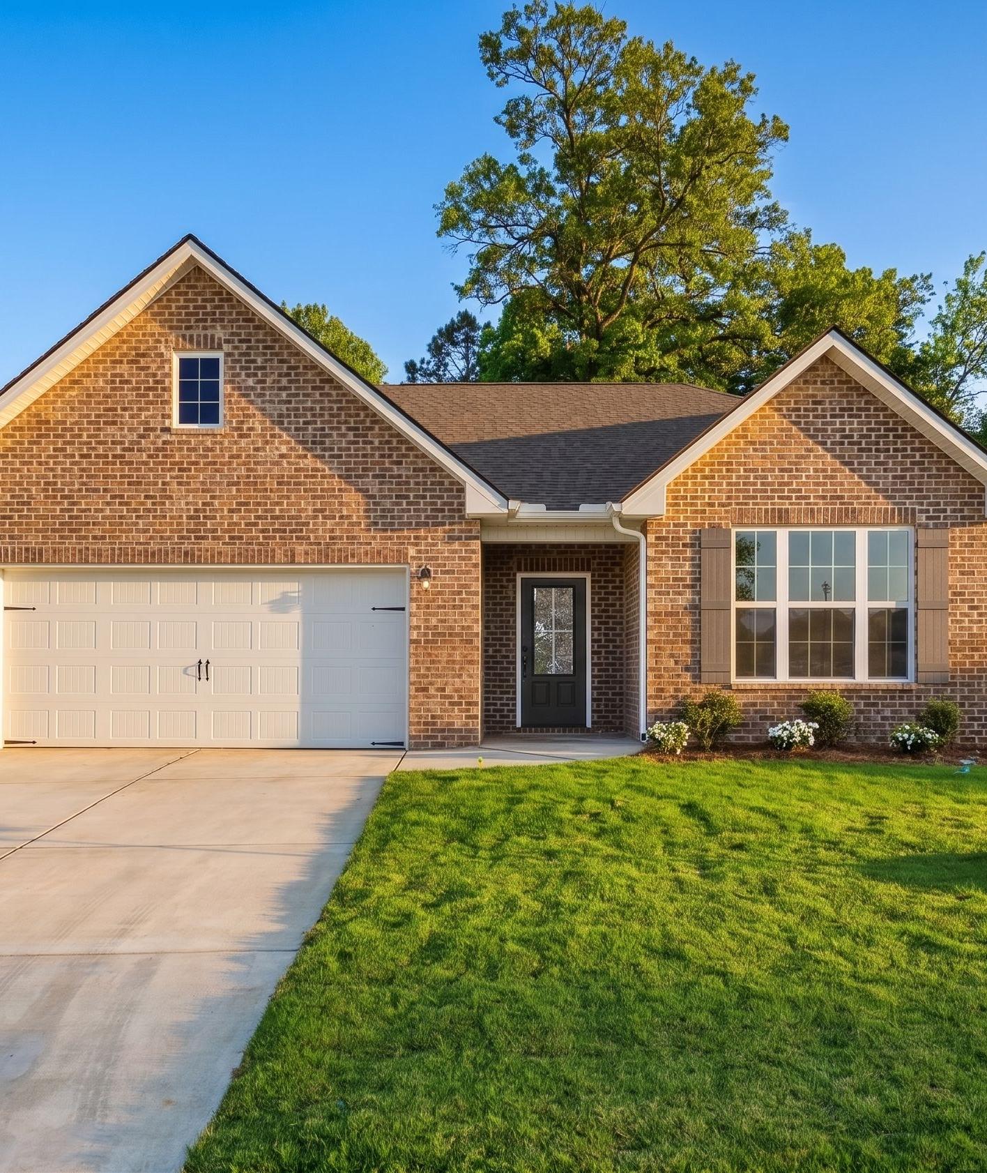 Spacious living room in Heritage Lakes home, New Market Alabama with gray shiplap walls, mounted TV, plush L-shaped sofa, ceiling fan, and scenic window views