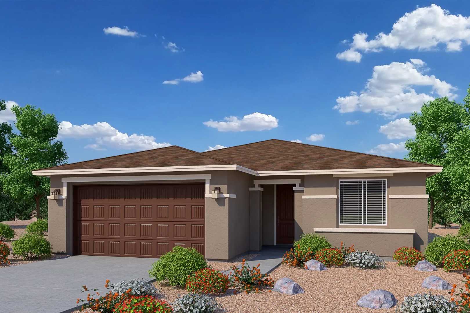 Modern single-story Cimarron II home by Davidson Homes in Prescott Arizona, beige stucco exterior, brown shingle roof, two-car garage, desert landscaping