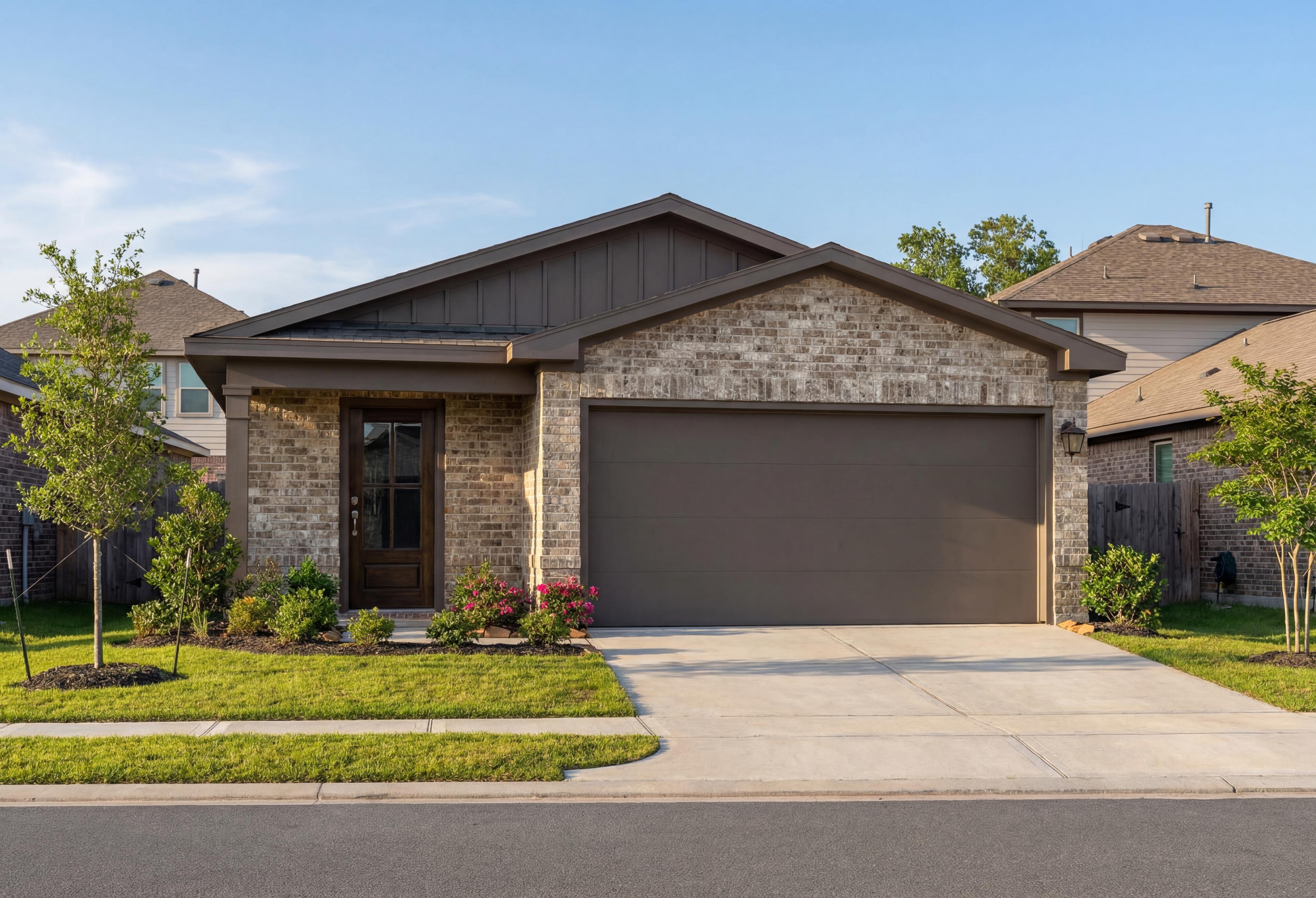 Contemporary brick and siding facade of The Frio F 1-story home by Davidson Homes, 2-car garage, landscaped yard in Heartland Texas