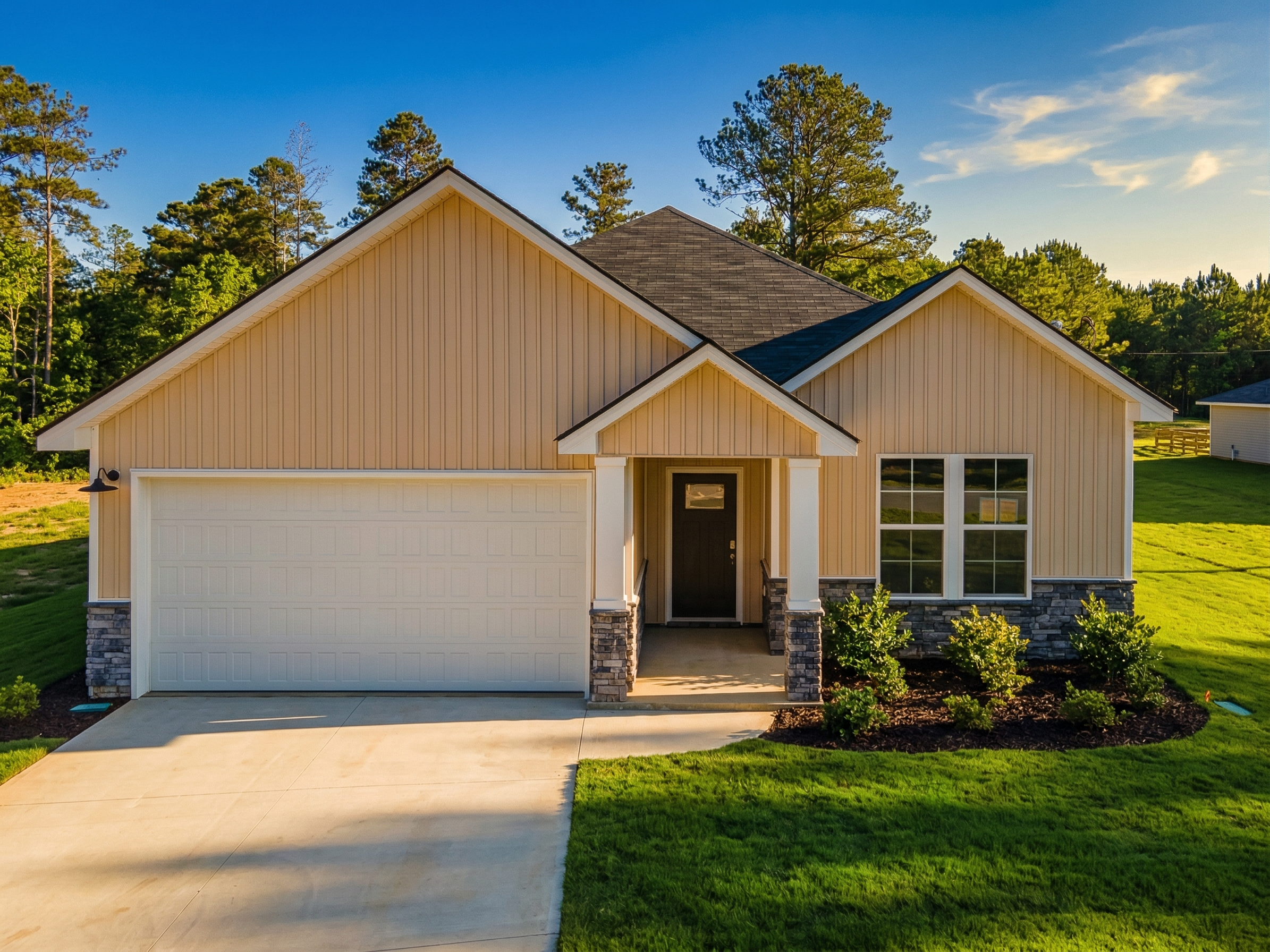 Modern beige Craftsman home exterior at Silver Oak in Cusseta, Alabama by Evermore Homes with attached garage and covered entry