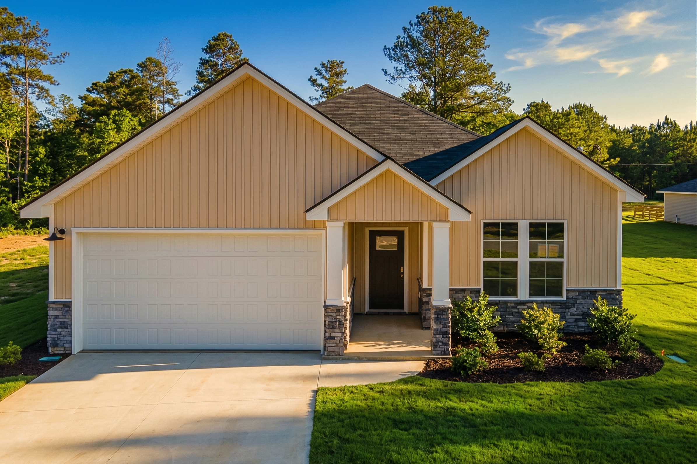 Modern beige Craftsman home exterior at Silver Oak in Cusseta, Alabama by Evermore Homes with attached garage and covered entry