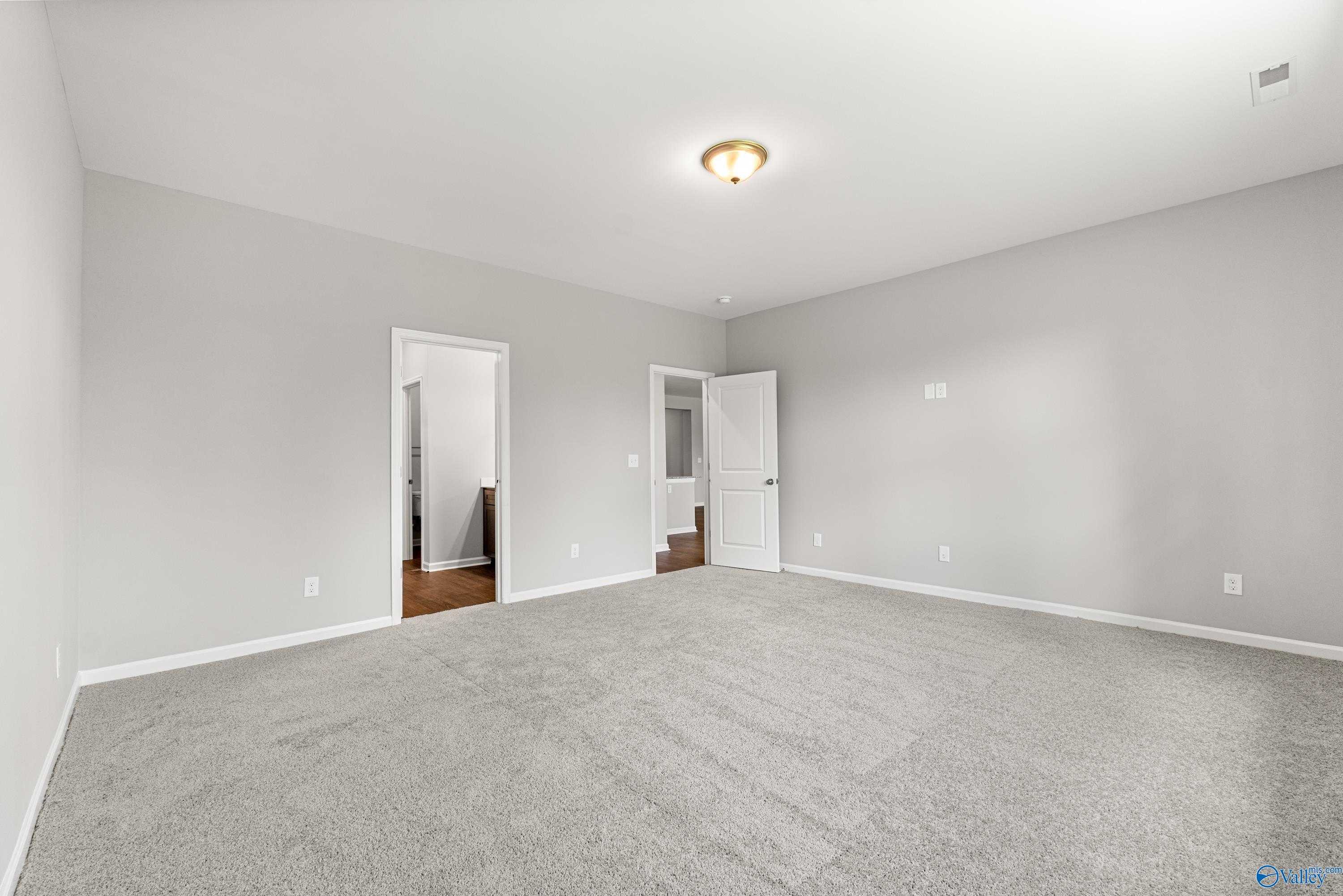 Spacious empty bedroom with light gray walls, gray carpet, and doorways to adjacent rooms in Davidson Homes The Sanctuary, Huntsville AL