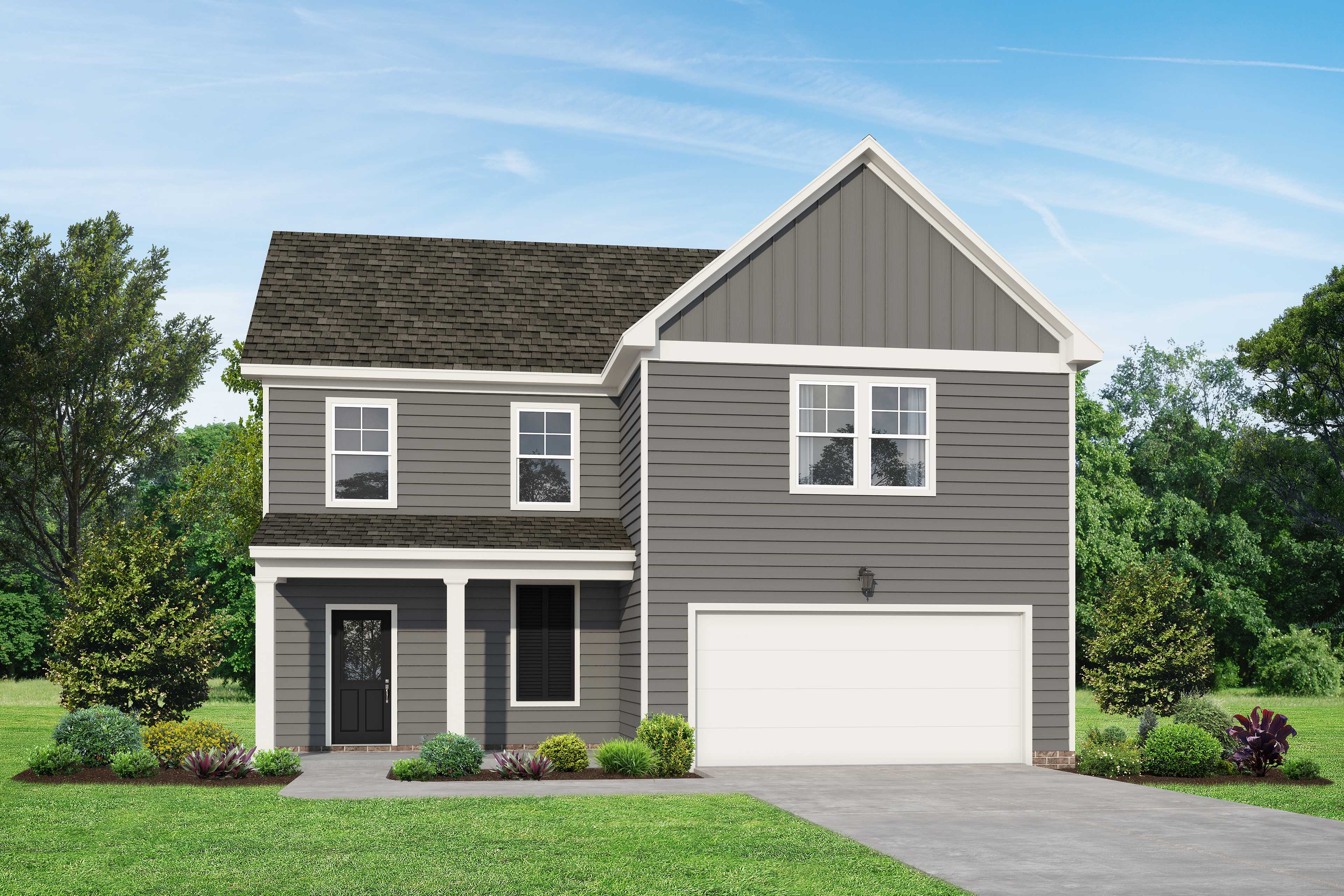 Modern two-story The Gordon A home elevation with gray siding, front porch, two-car garage, and lush landscaping in White House, TN