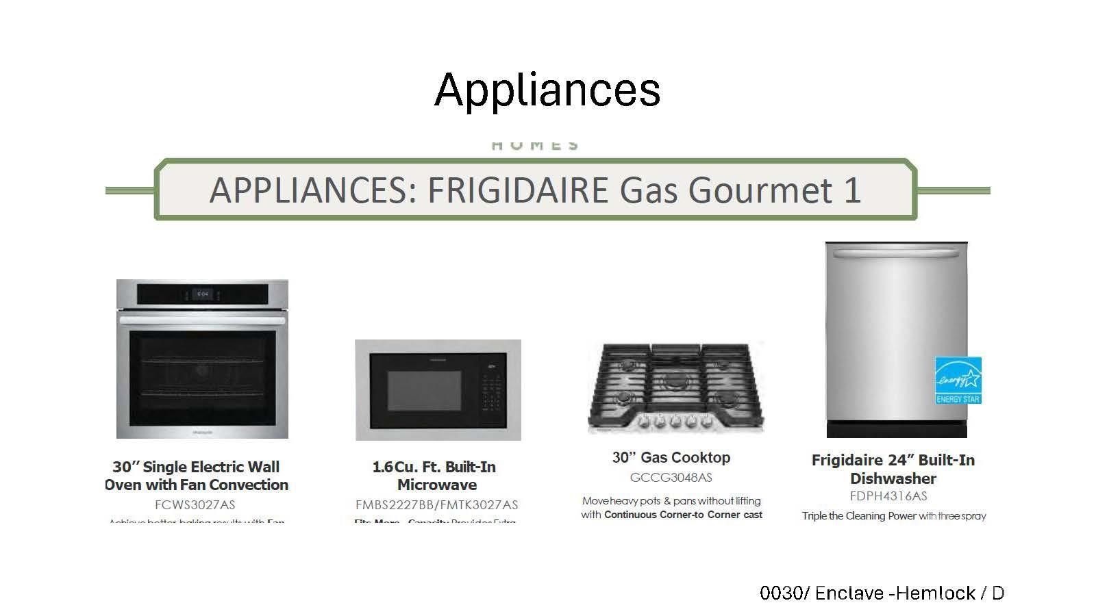 Frigidaire kitchen appliance package including wall oven, microwave, gas cooktop, and dishwasher for Enclave at Belmont homes.