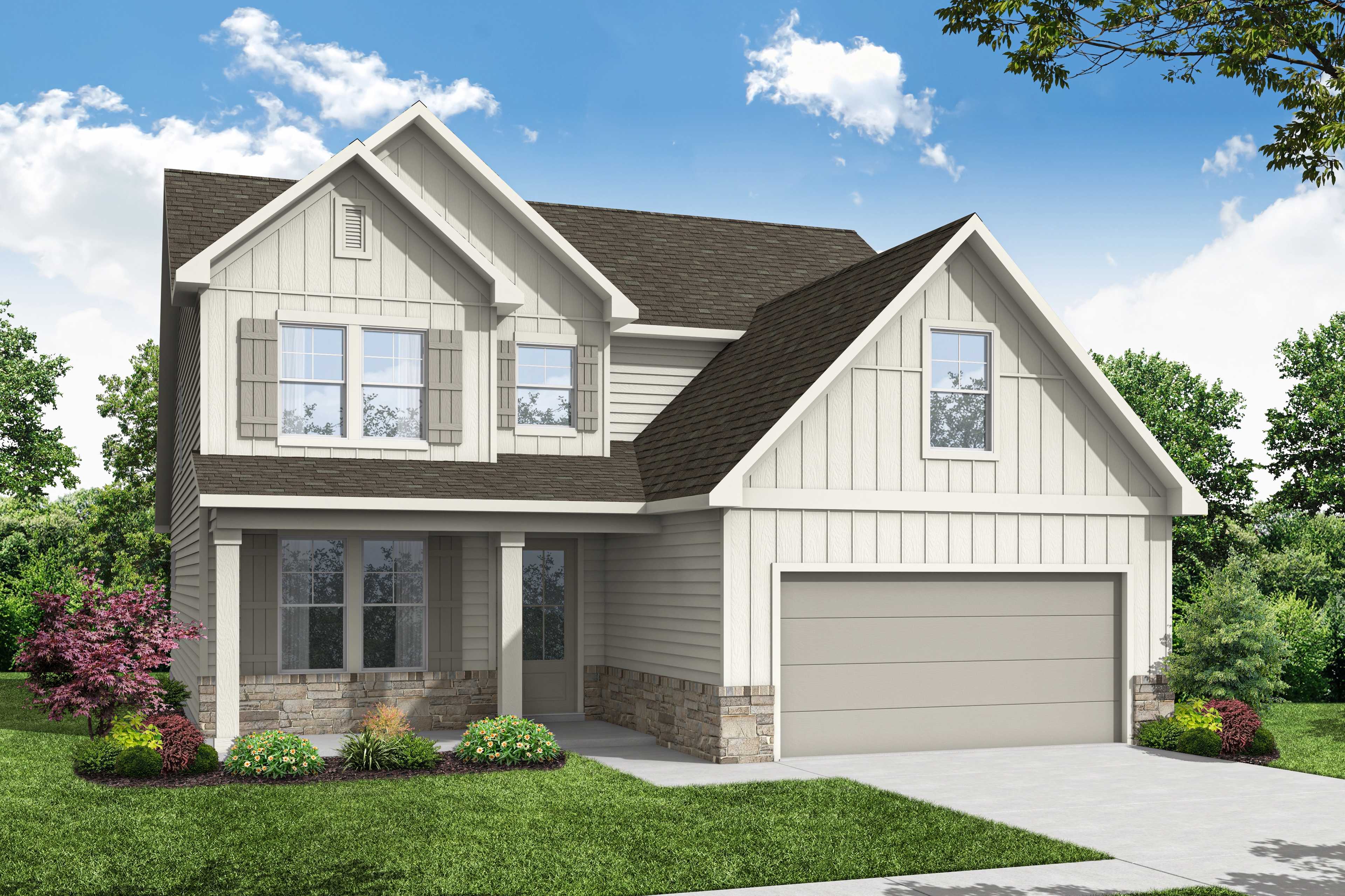 Two-story The Ash B home elevation with white shiplap siding, brick accents, covered porch, and two-car garage in Hoschton Georgia
