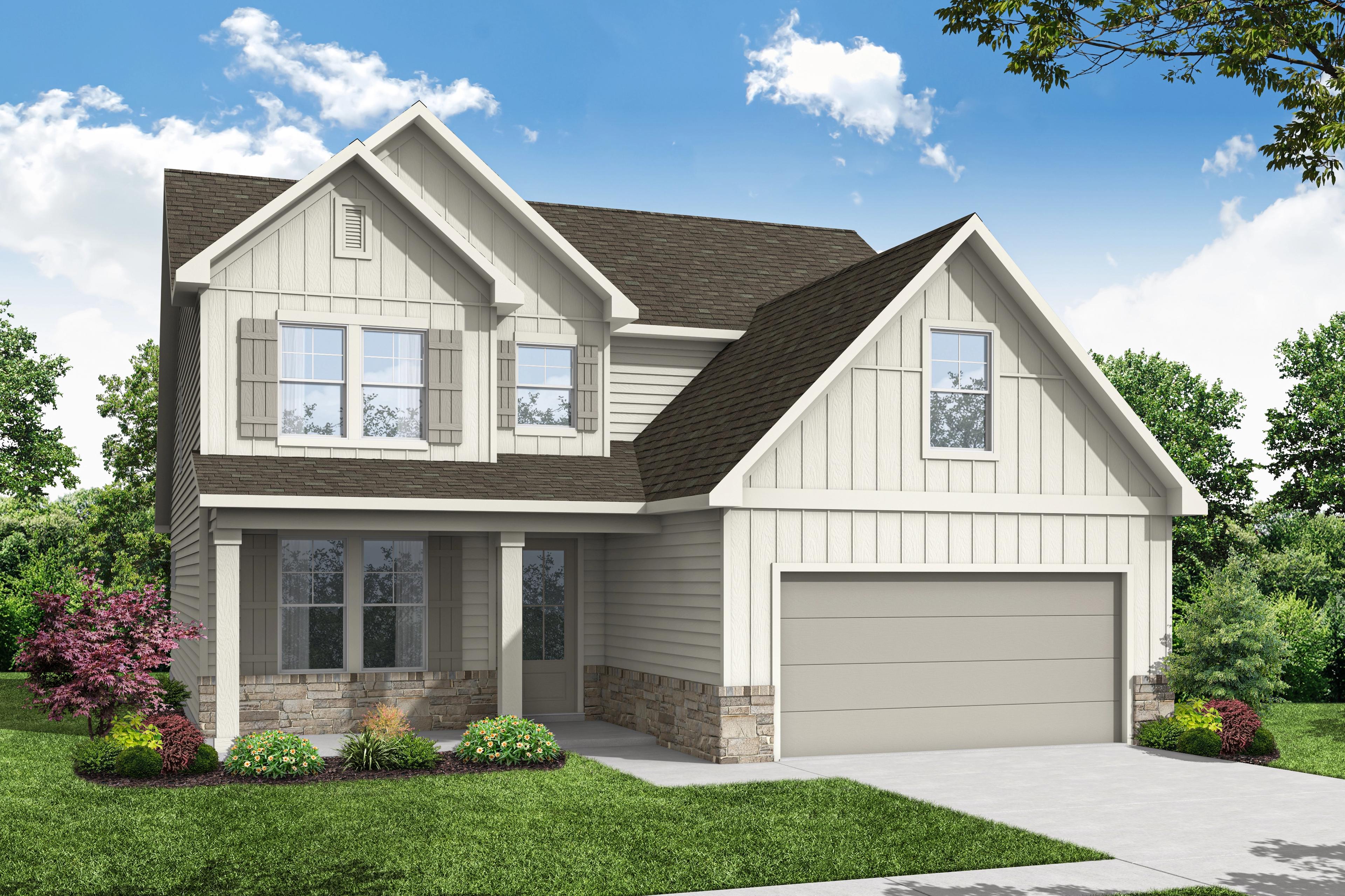 Two-story The Ash B home elevation with white shiplap siding, brick accents, covered porch, and two-car garage in Hoschton Georgia