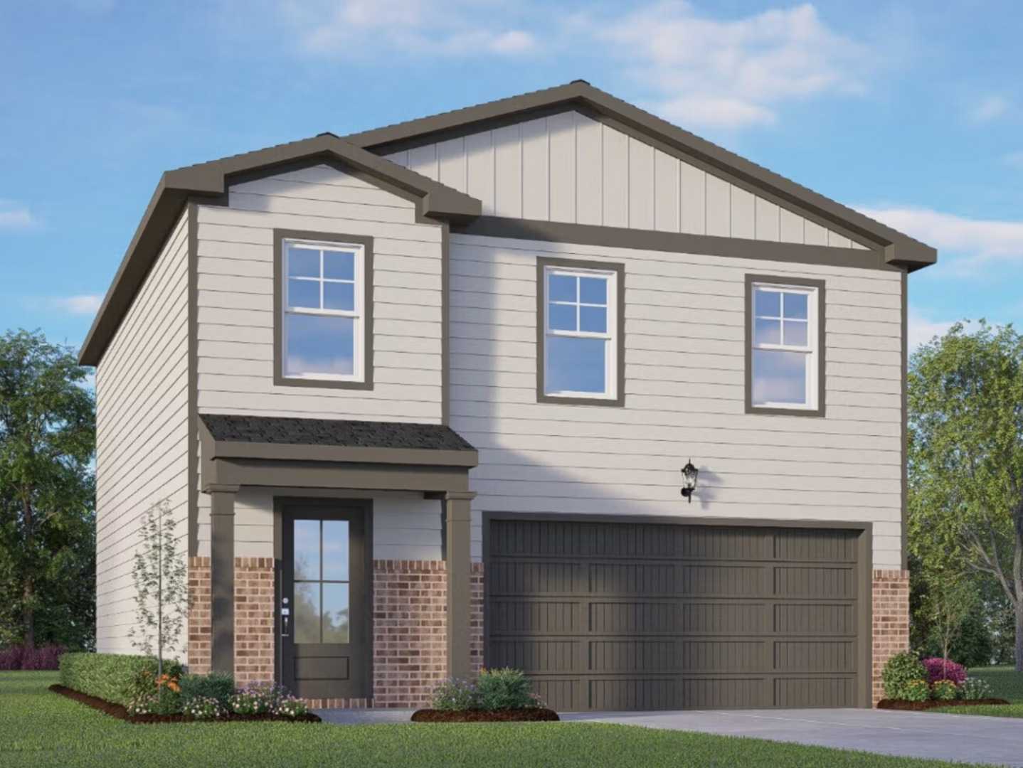 Modern 2-story beige home with 2-car garage, brick accents, and front porch in Applewhite Meadows, San Antonio, Texas