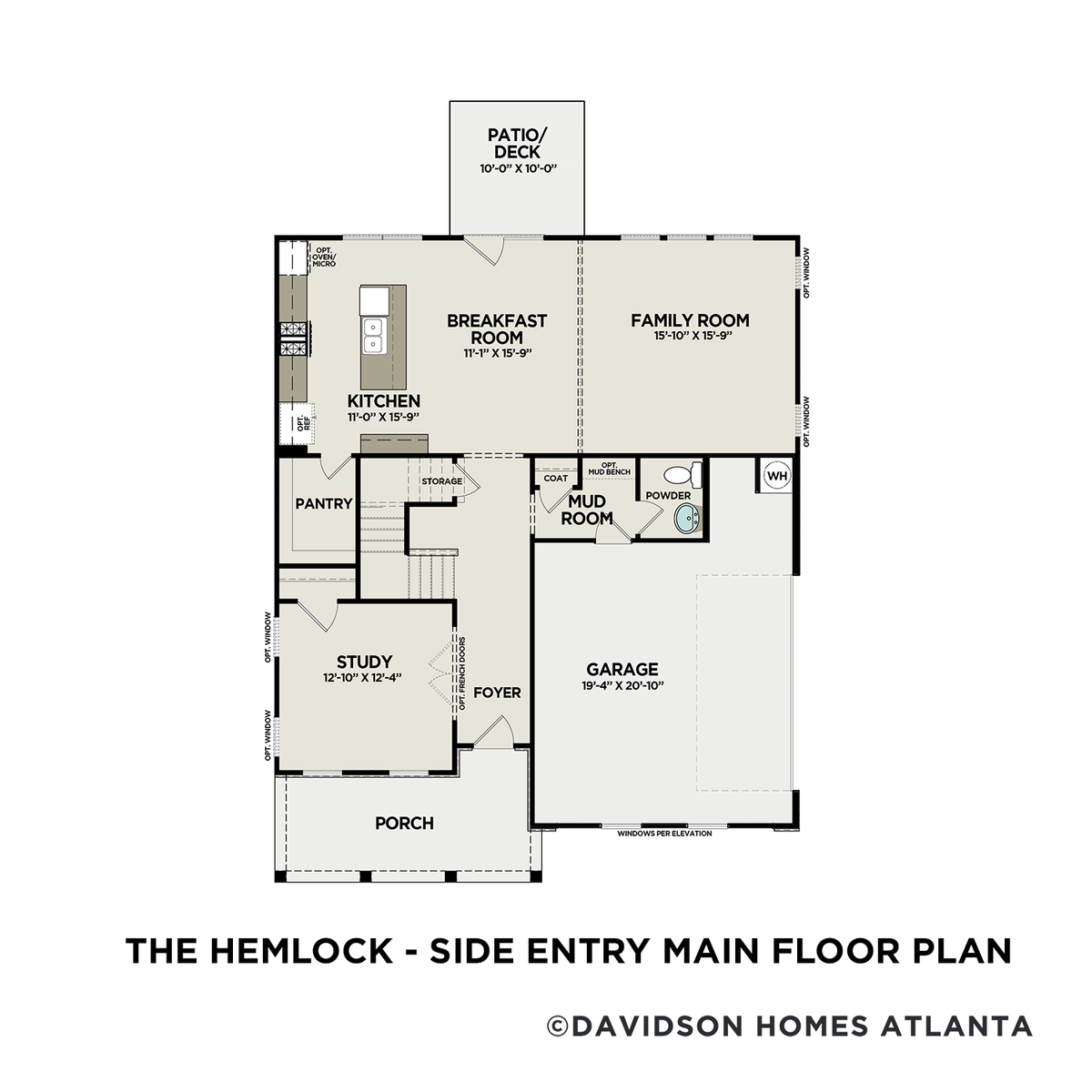 1 - The Hemlock C – Side Entry buildable floor plan layout in Davidson Homes' Mountainbrook community.