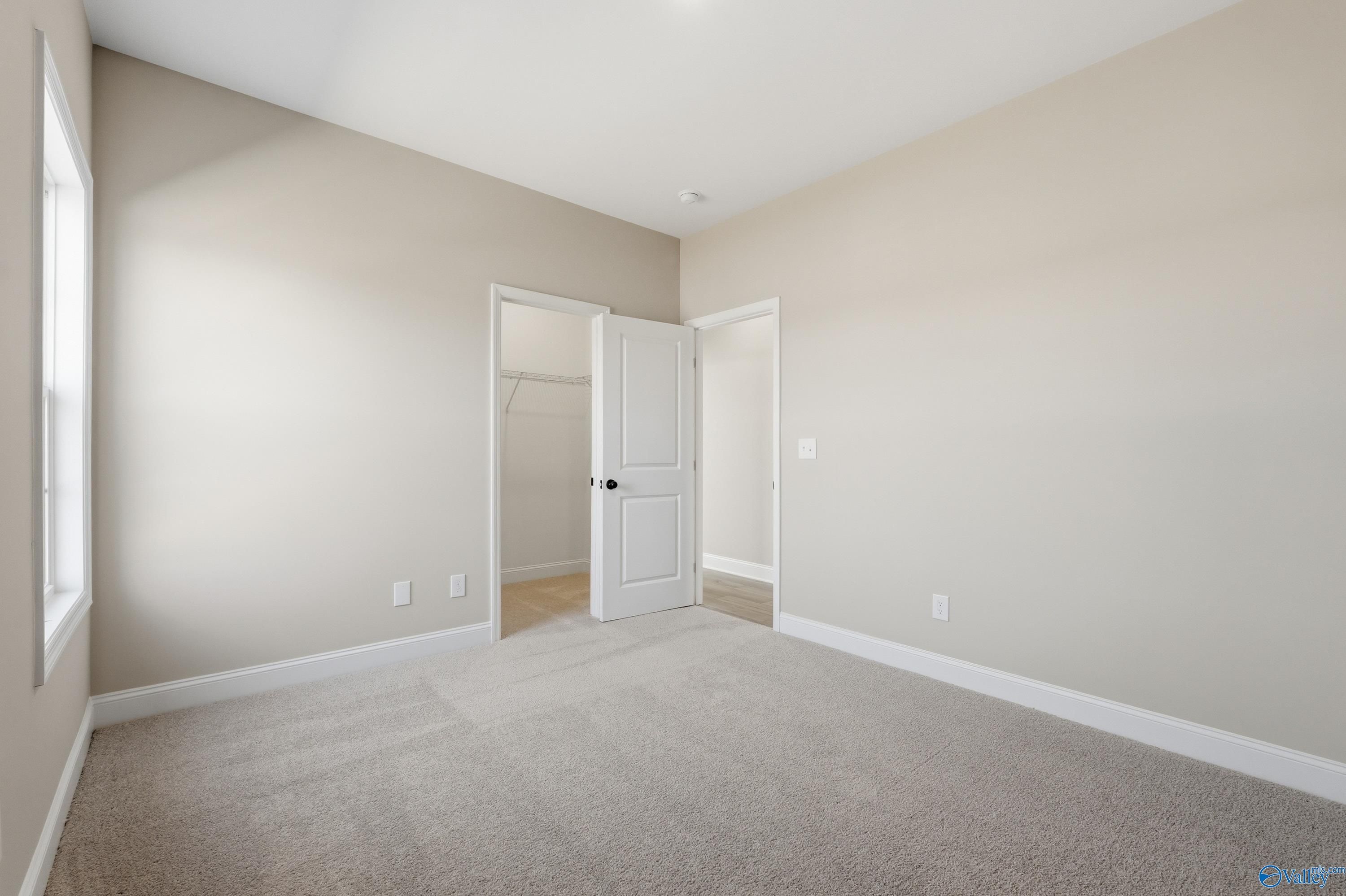 Spacious bedroom featuring beige walls, carpet flooring, walk-in closet, and en-suite door in Davidson Homes The Rockford, Harvest AL