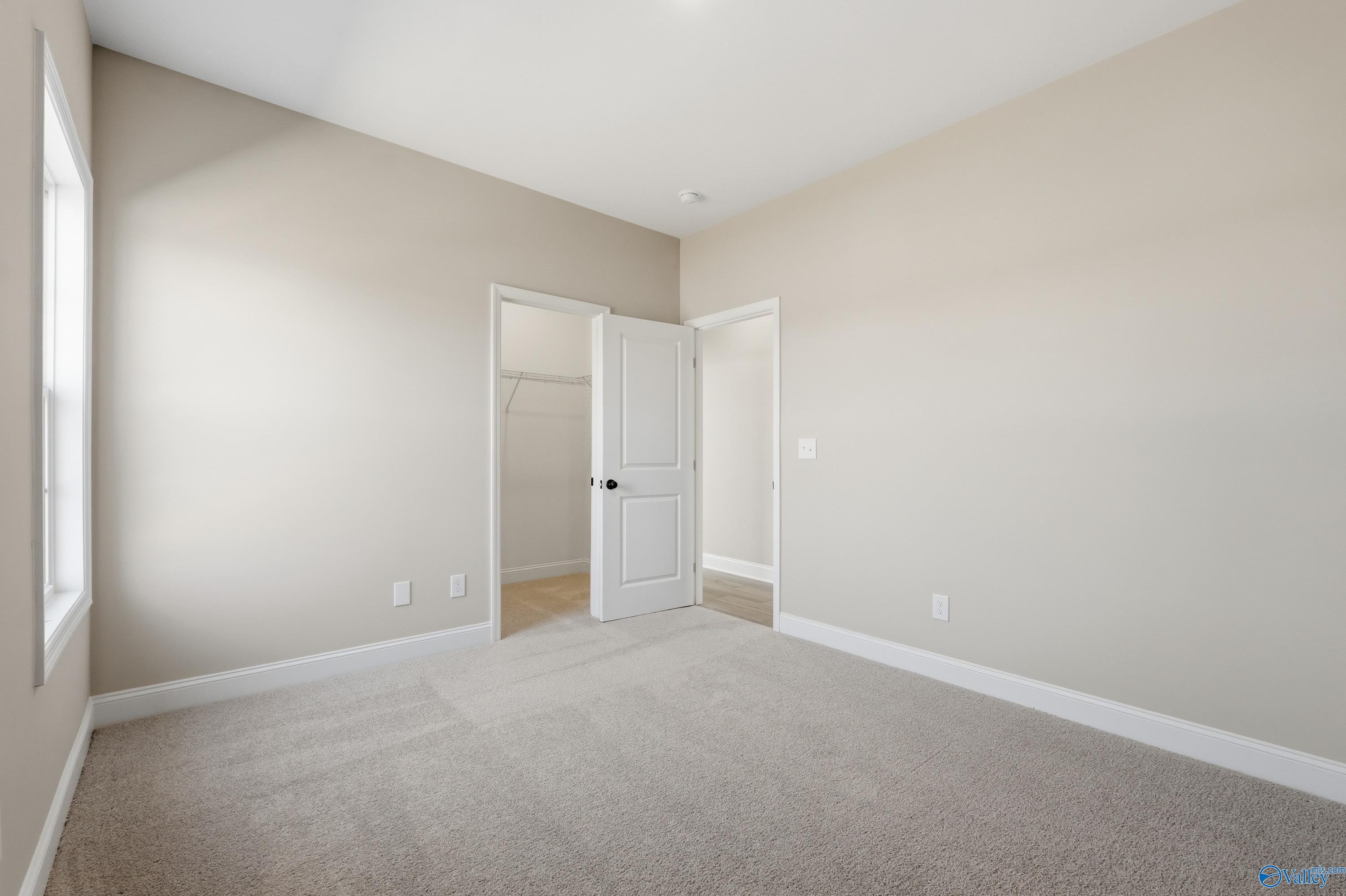 Spacious bedroom featuring beige walls, carpet flooring, walk-in closet, and en-suite door in Davidson Homes The Rockford, Harvest AL