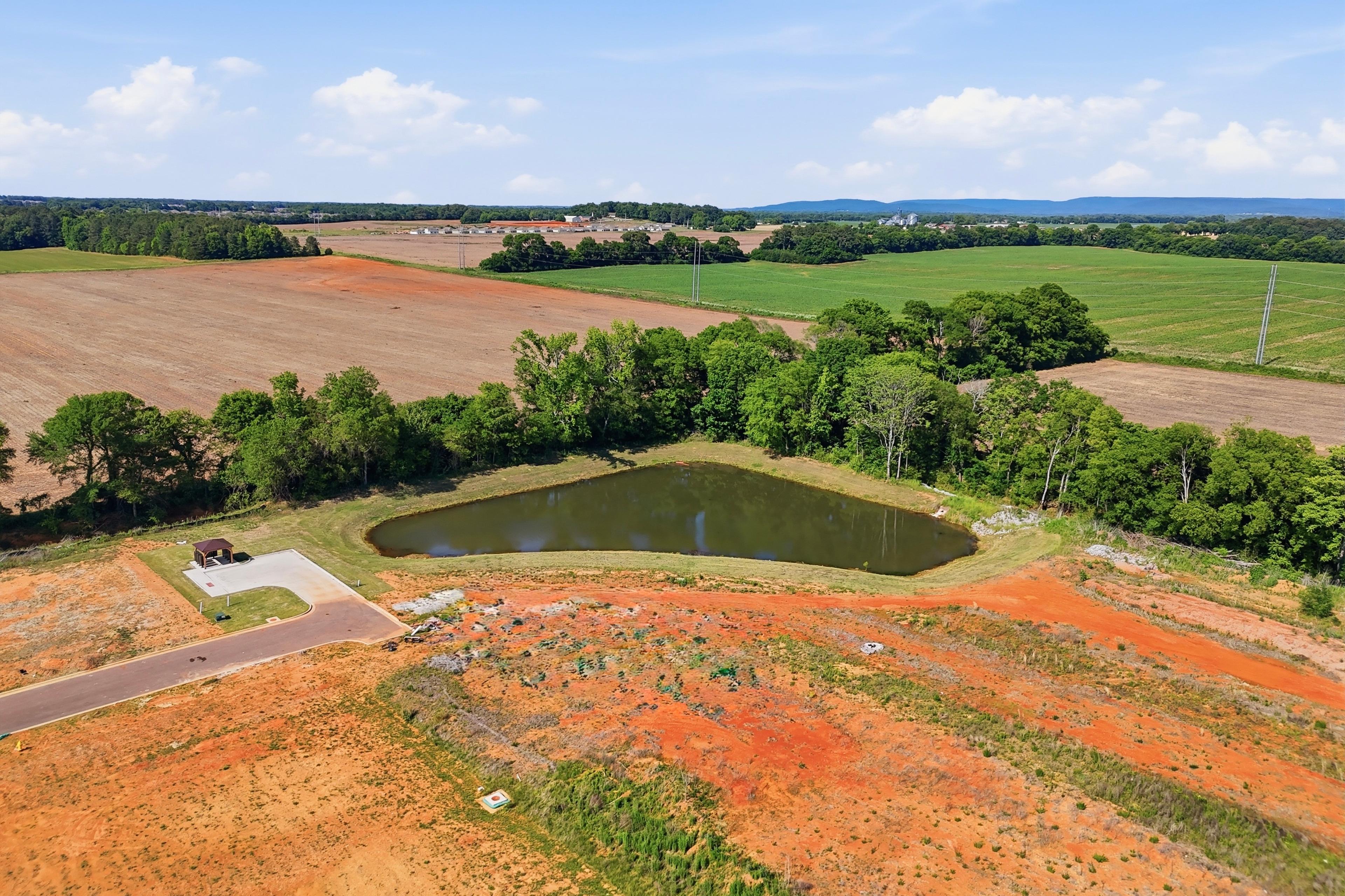 Aerial view of a scenic community pond at Lynn Meadows in Meridianville, AL, featuring surrounding green space.