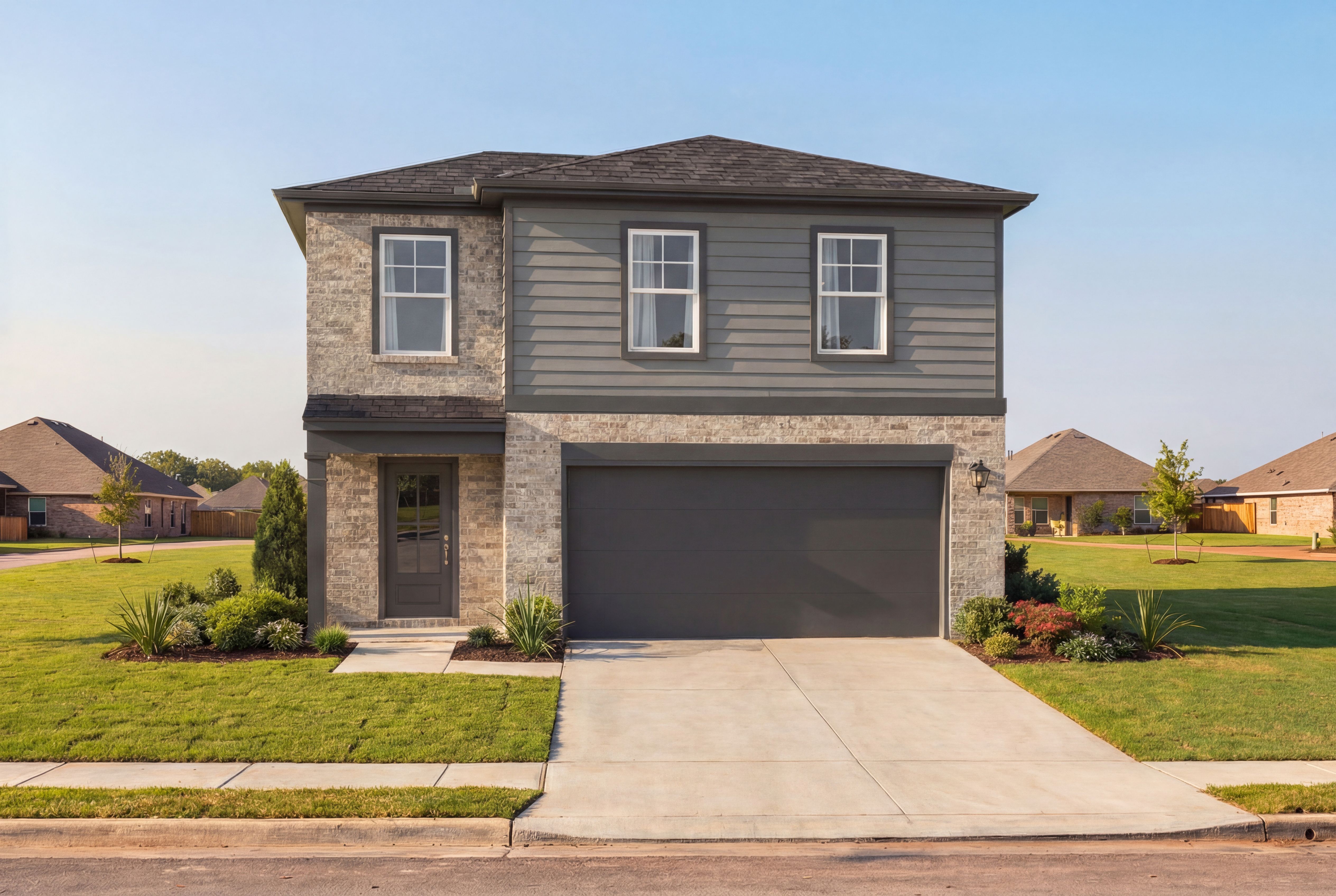 Two-story Blanco F home exterior by Davidson Homes in Magnolia Texas, gray siding, brick accents, two-car garage, landscaped yard