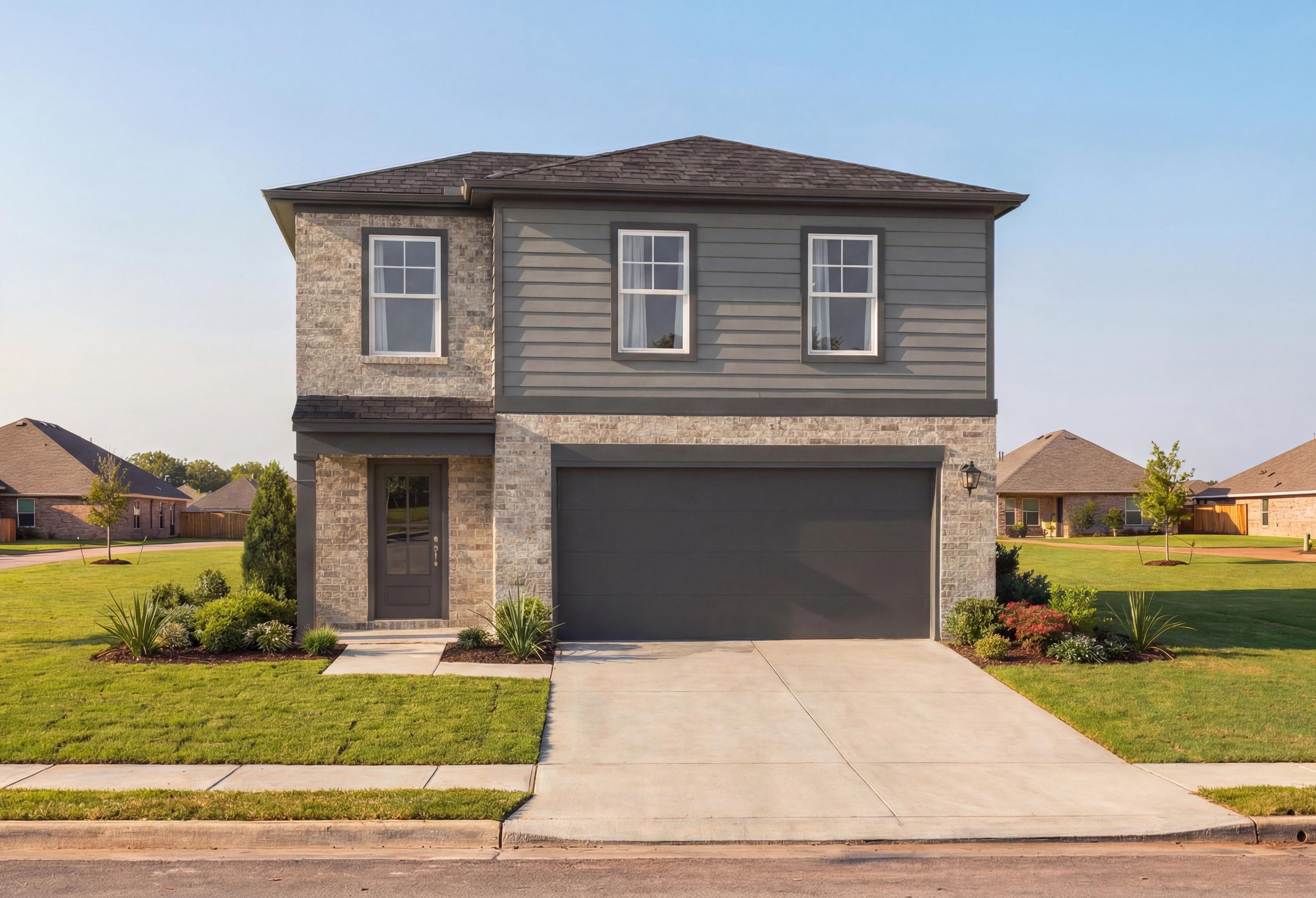 Two-story Blanco F home exterior by Davidson Homes in Magnolia Texas, gray siding, brick accents, two-car garage, landscaped yard