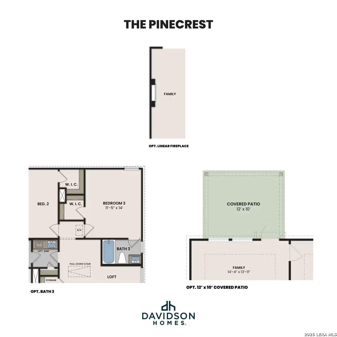 Floor plan options for The Pinecrest by Davidson Homes showing optional bath, fireplace, and covered patio in San Antonio.
