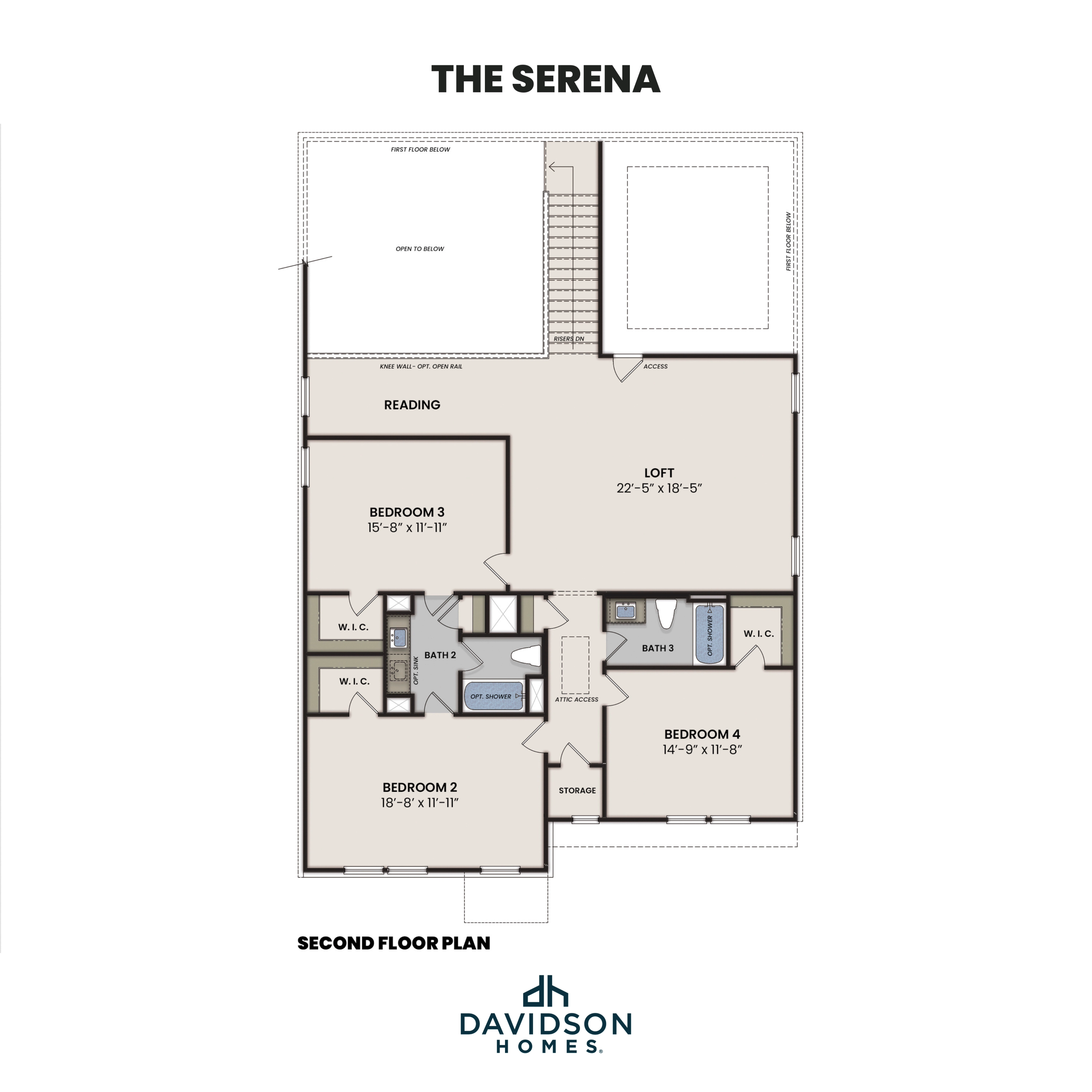 Second floor plan of The Serena showcasing loft, bedrooms 2-4, reading nook, and baths by Davidson Homes