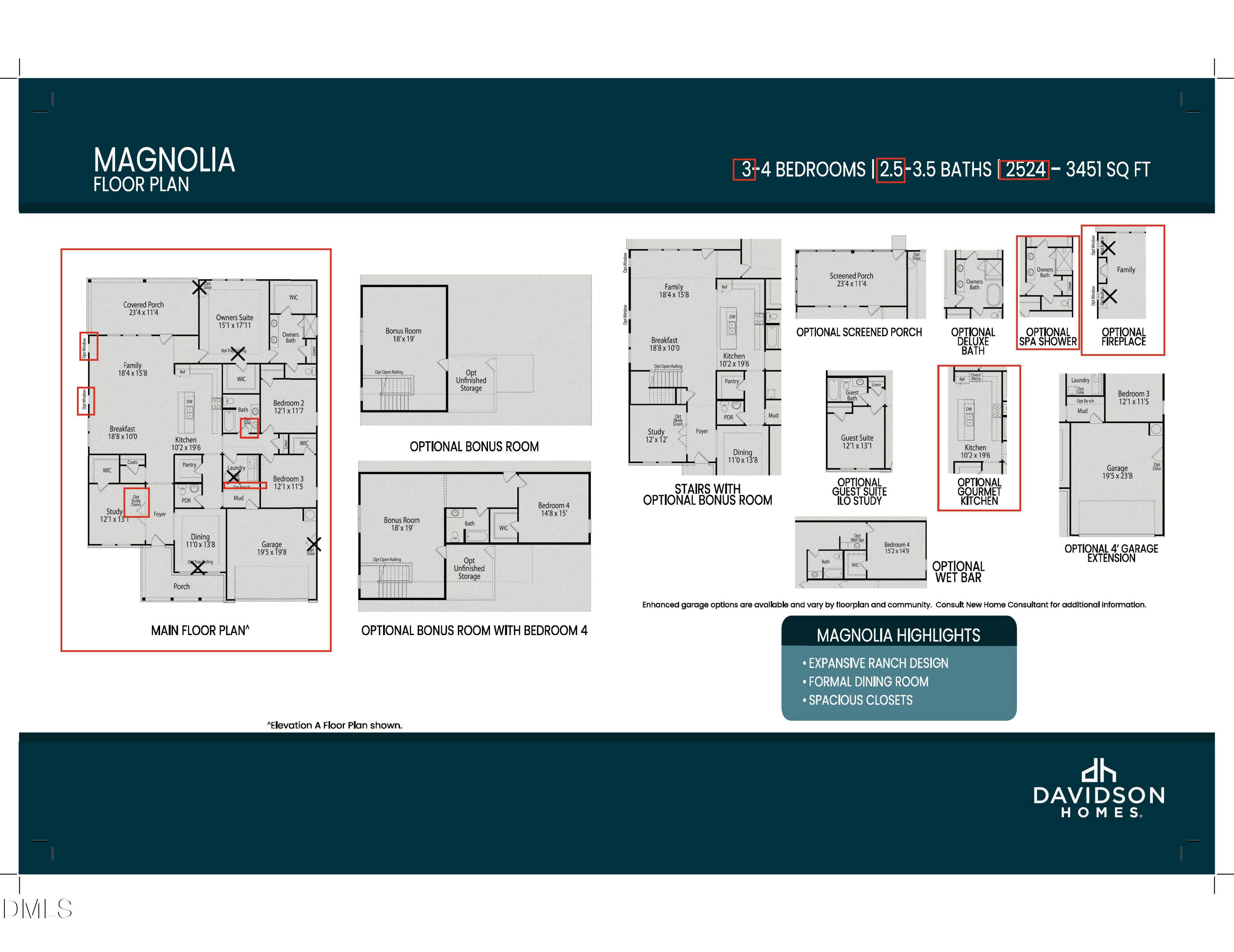 The Magnolia A floor plan by Davidson Homes featuring 3-4 bedrooms, 2.5-3.5 baths, and 2,501+ sq ft in Lillington, NC.