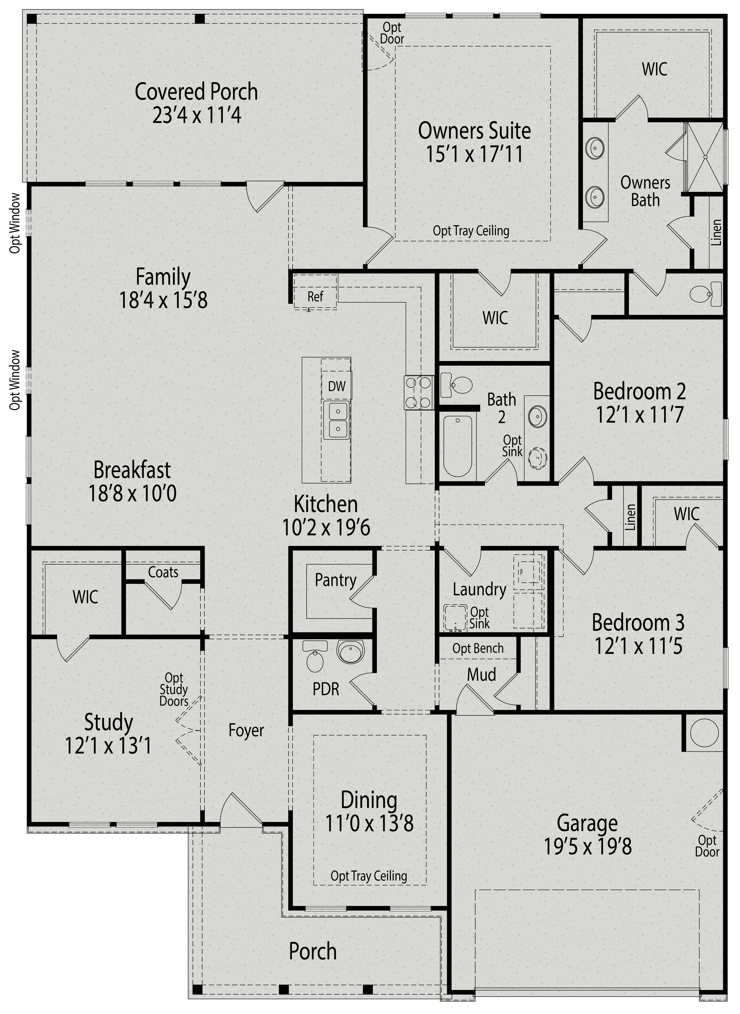 Floor plan of The Magnolia II A featuring a main-floor owner's suite, open-concept kitchen, and spacious covered porch.