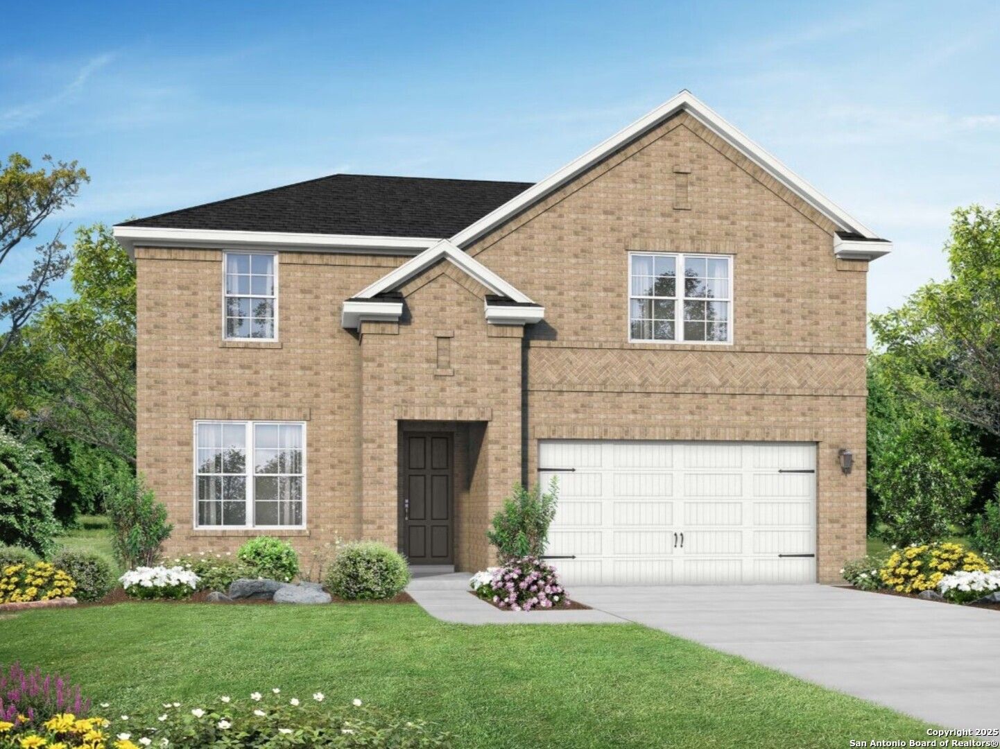 Modern two-story brick home with 2-car garage, black roof, and lush landscaping in Royal Crest, San Antonio, Texas - Davidson Homes The Sequoia A