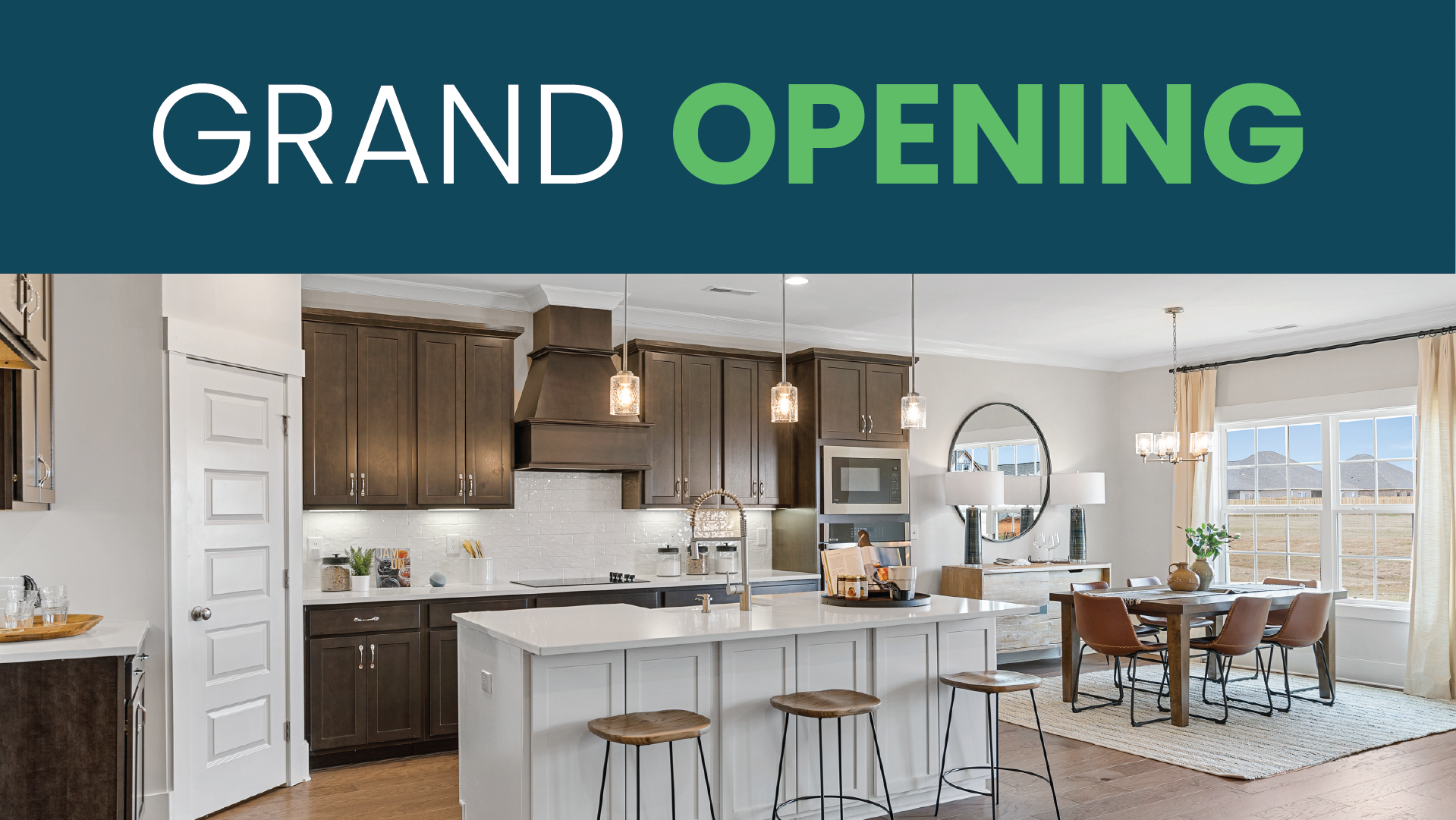 Little Creek grand opening featuring a modern kitchen and dining area in a new Davidson Homes community in Huntsville.