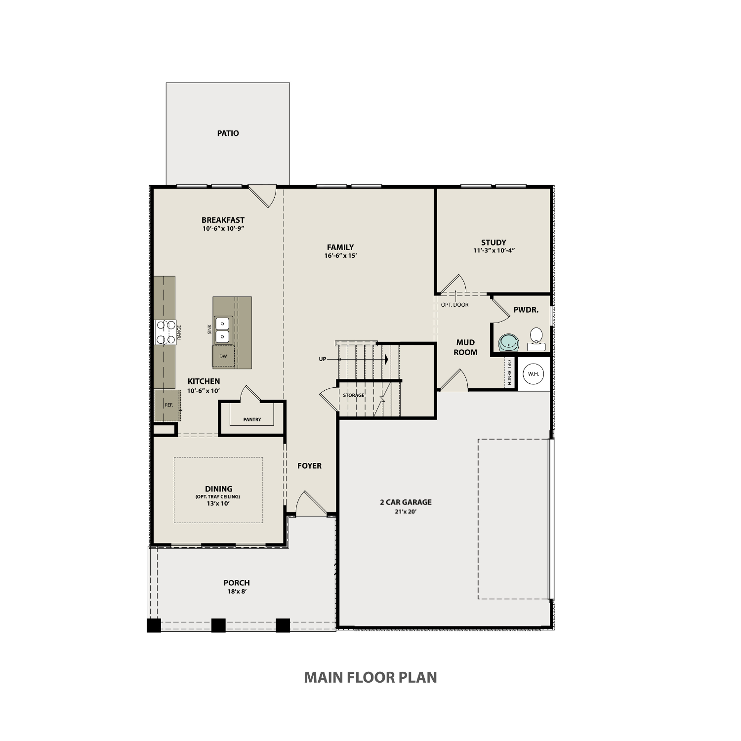 Main floor plan of The Willow by Davidson Homes featuring an open-concept kitchen, dining area, study, and 2-car garage.