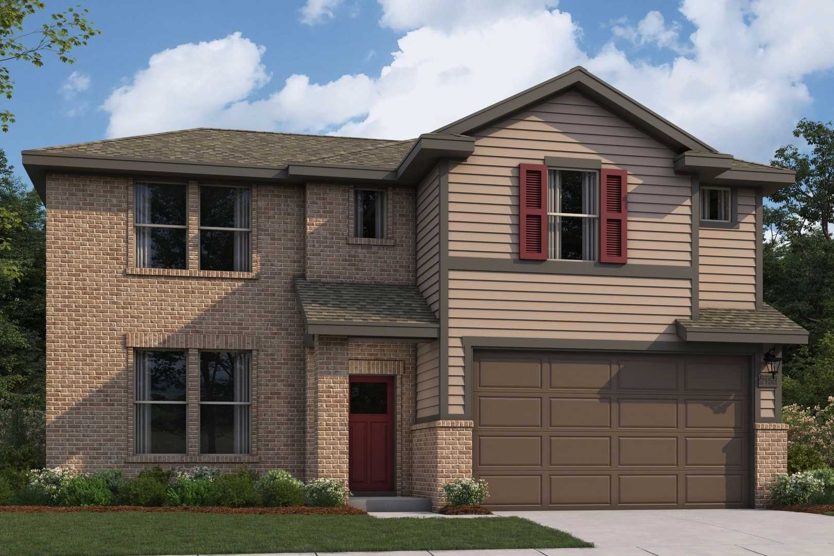 Two-story The Stella home elevation featuring brick and tan siding, red shutters, front door, two-car garage, and landscaped yard