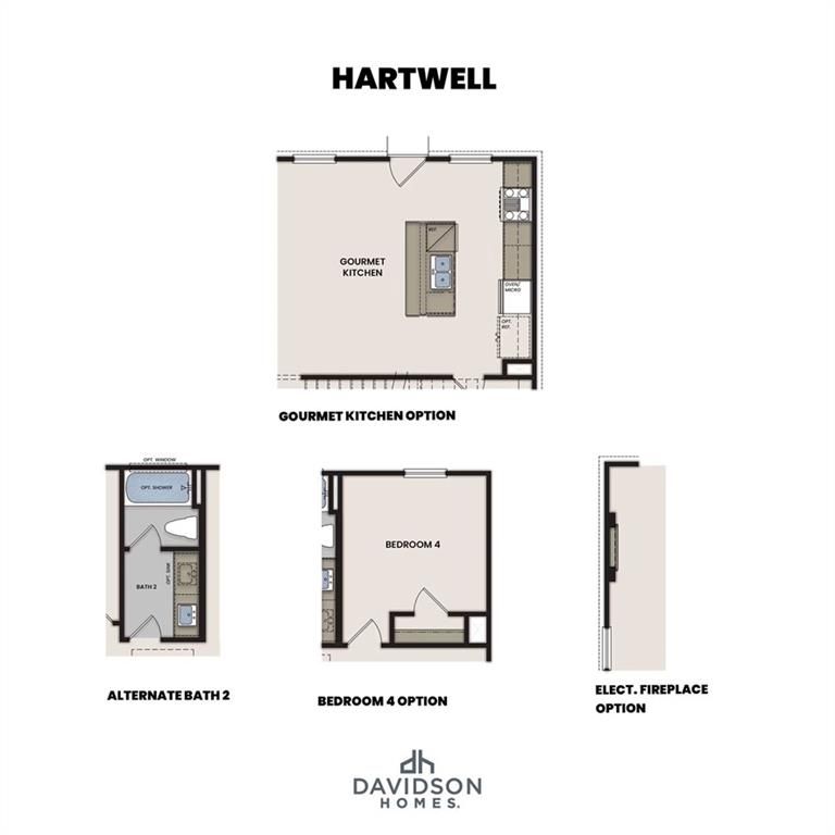 Hartwell A floor plan diagram featuring gourmet kitchen option, alternate bath 2, bedroom 4, and electric fireplace by Davidson Homes in Canton, Georgia