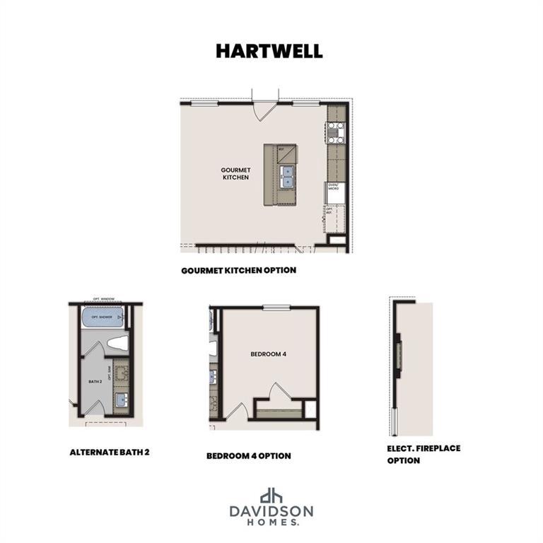 Hartwell A floor plan diagram featuring gourmet kitchen option, alternate bath 2, bedroom 4, and electric fireplace by Davidson Homes in Canton, Georgia
