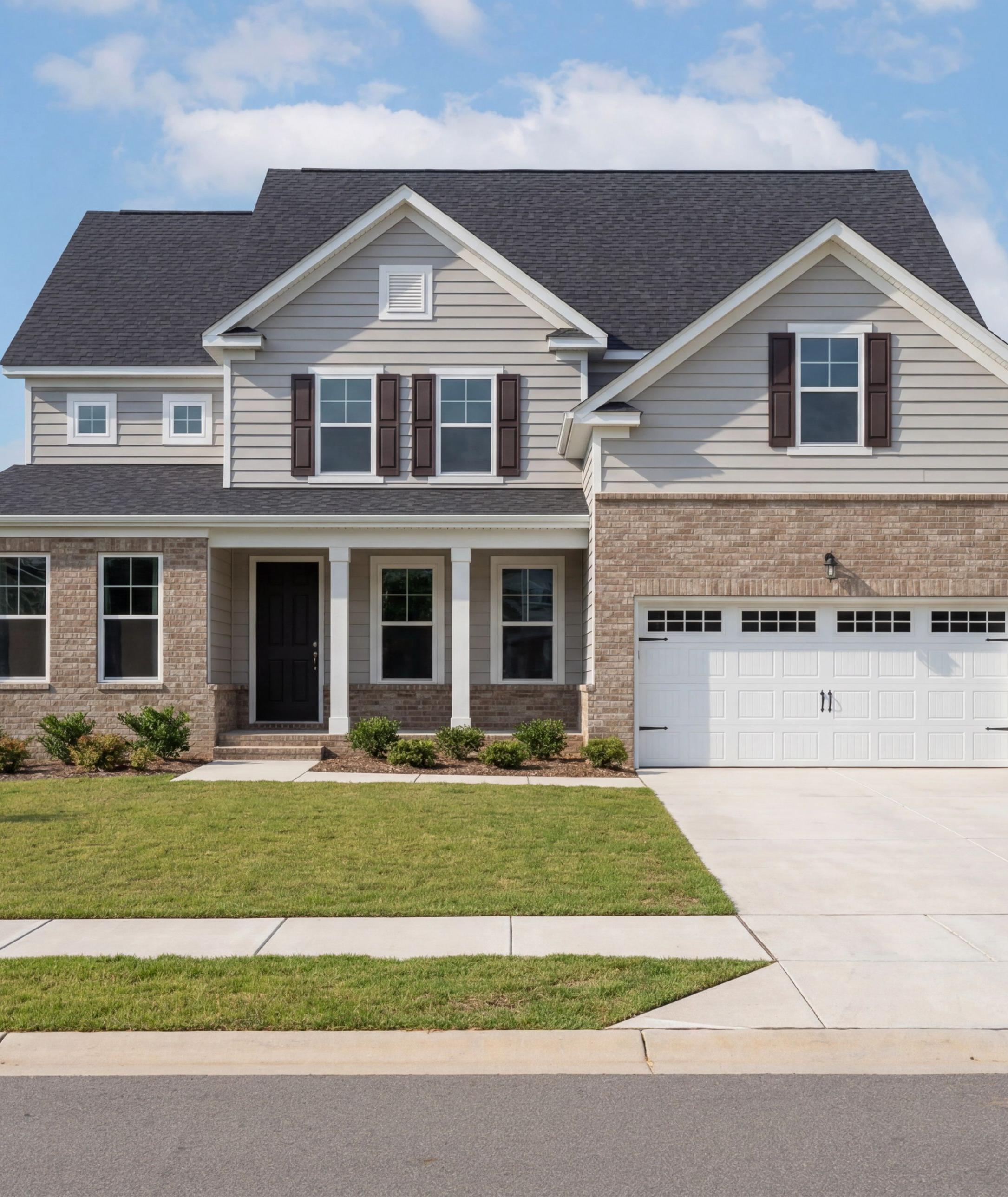 Two-story Davidson Homes exterior at Ashland in Apex, NC featuring brick and siding facade with a two-car garage.