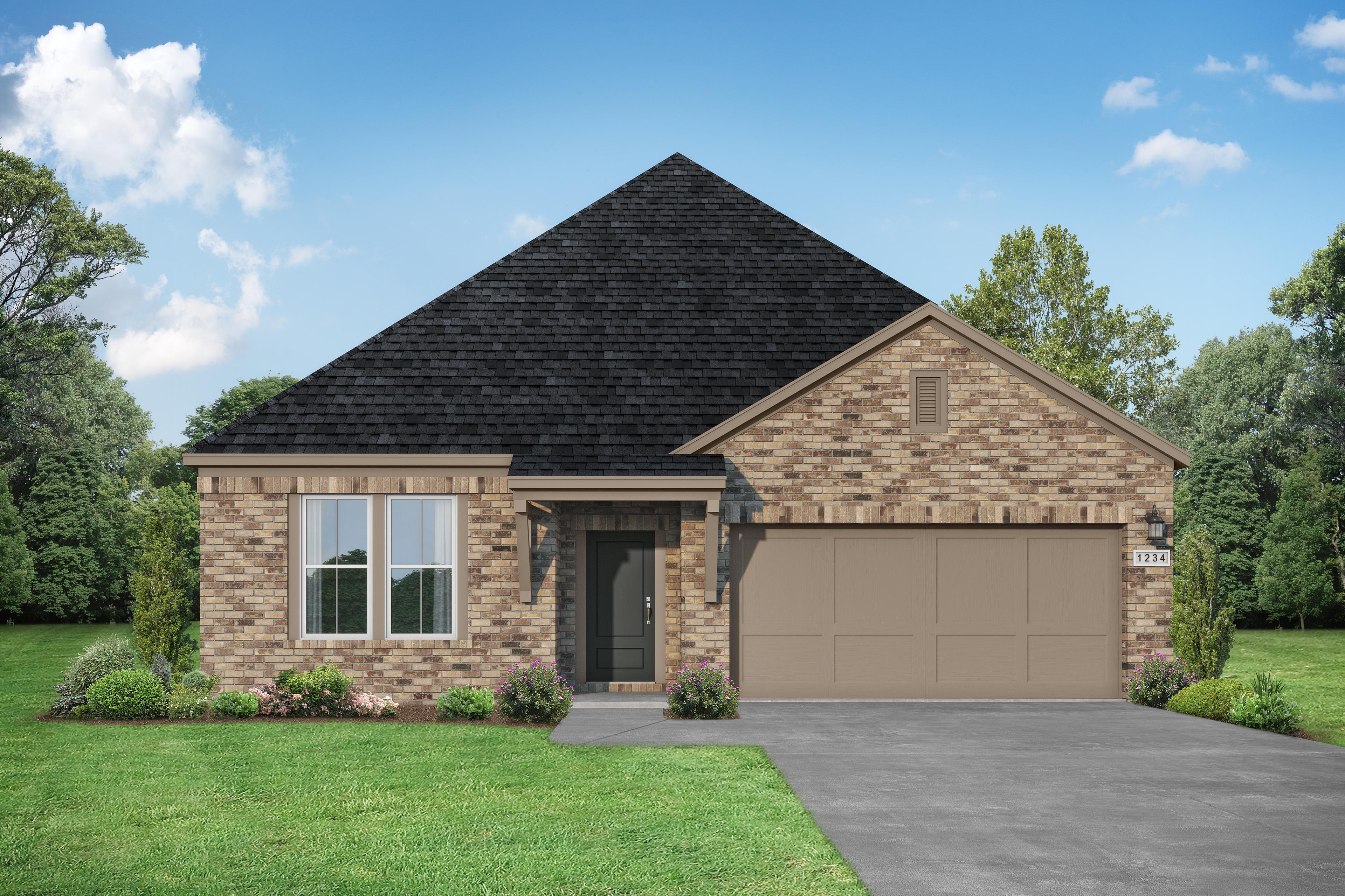 Modern single-story elevation of The Laurel H by Davidson Homes, brick facade, black gabled roof, 2-car garage, lush landscaped yard in Royse City