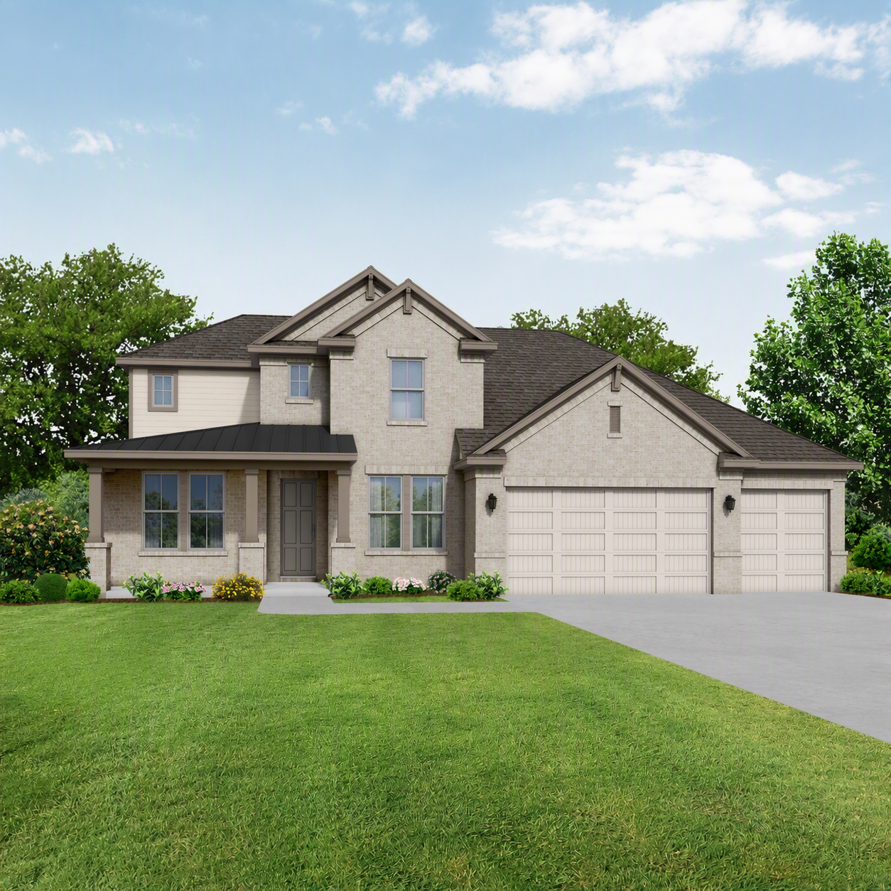 Two-story brick elevation of The Victoria by Davidson Homes with 4-car garage, covered porch, and landscaped yard in Texas City.