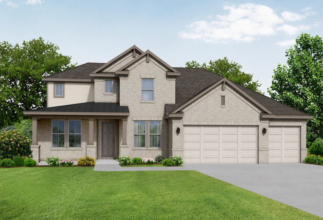 Two-story brick elevation of The Victoria by Davidson Homes with 4-car garage, covered porch, and landscaped yard in Texas City.