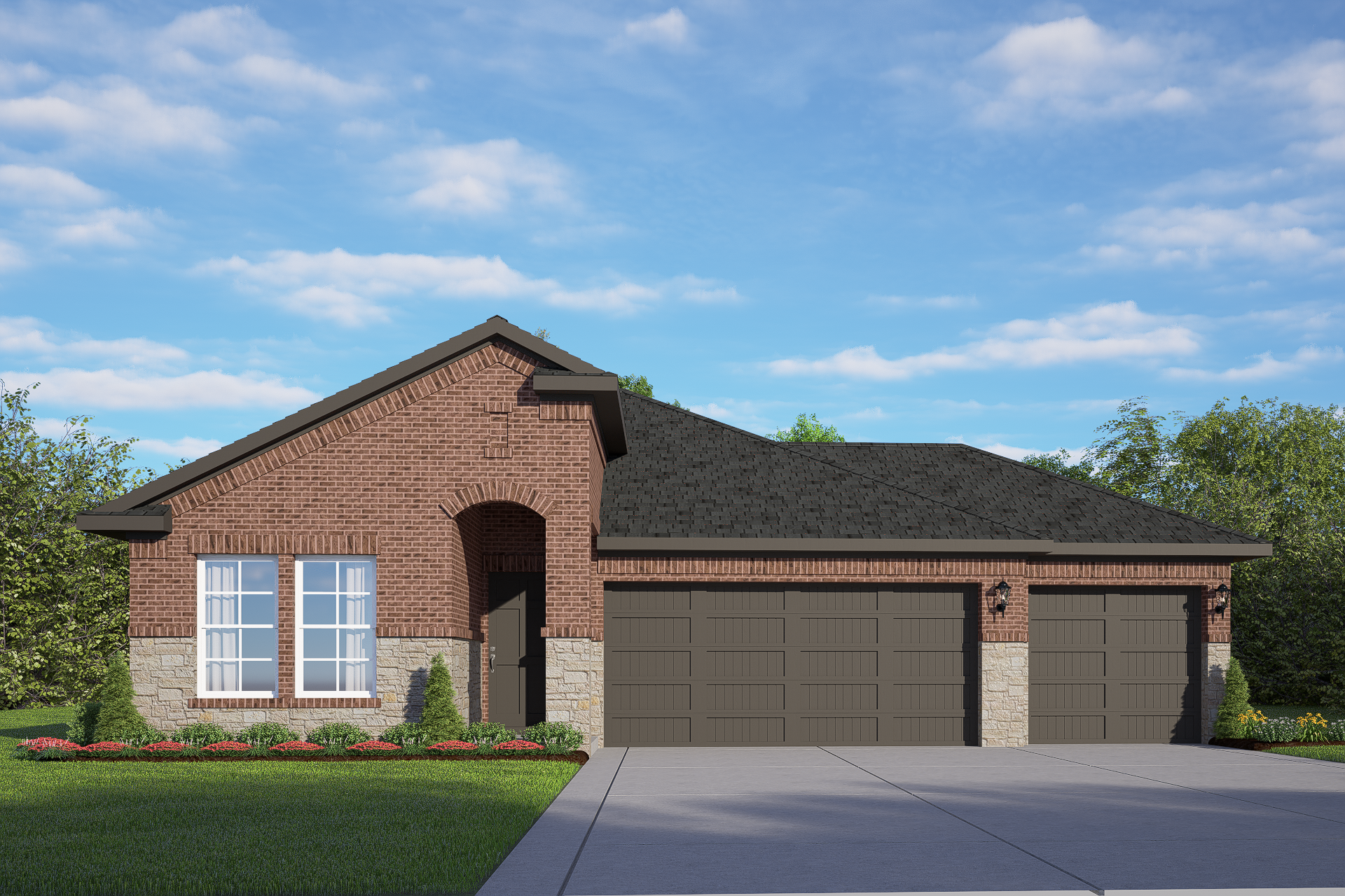 Stylish brick exterior of The Laguna B 1-story home featuring 3-car garage, arched windows, and landscaped driveway in Rosharon TX