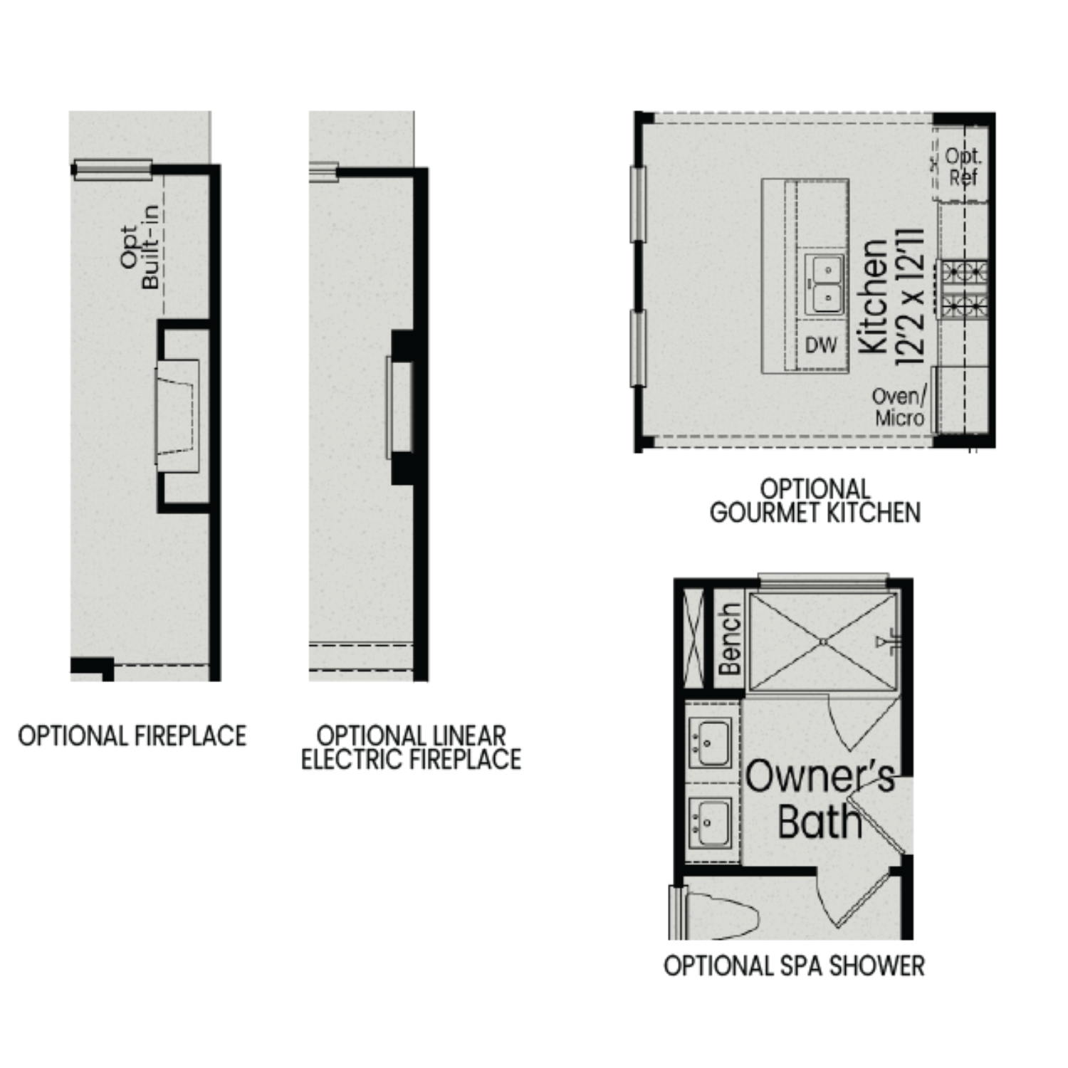 Gourmet kitchen floor plan in The Alexander C with island, optional linear fireplace, and owner's bath featuring spa shower