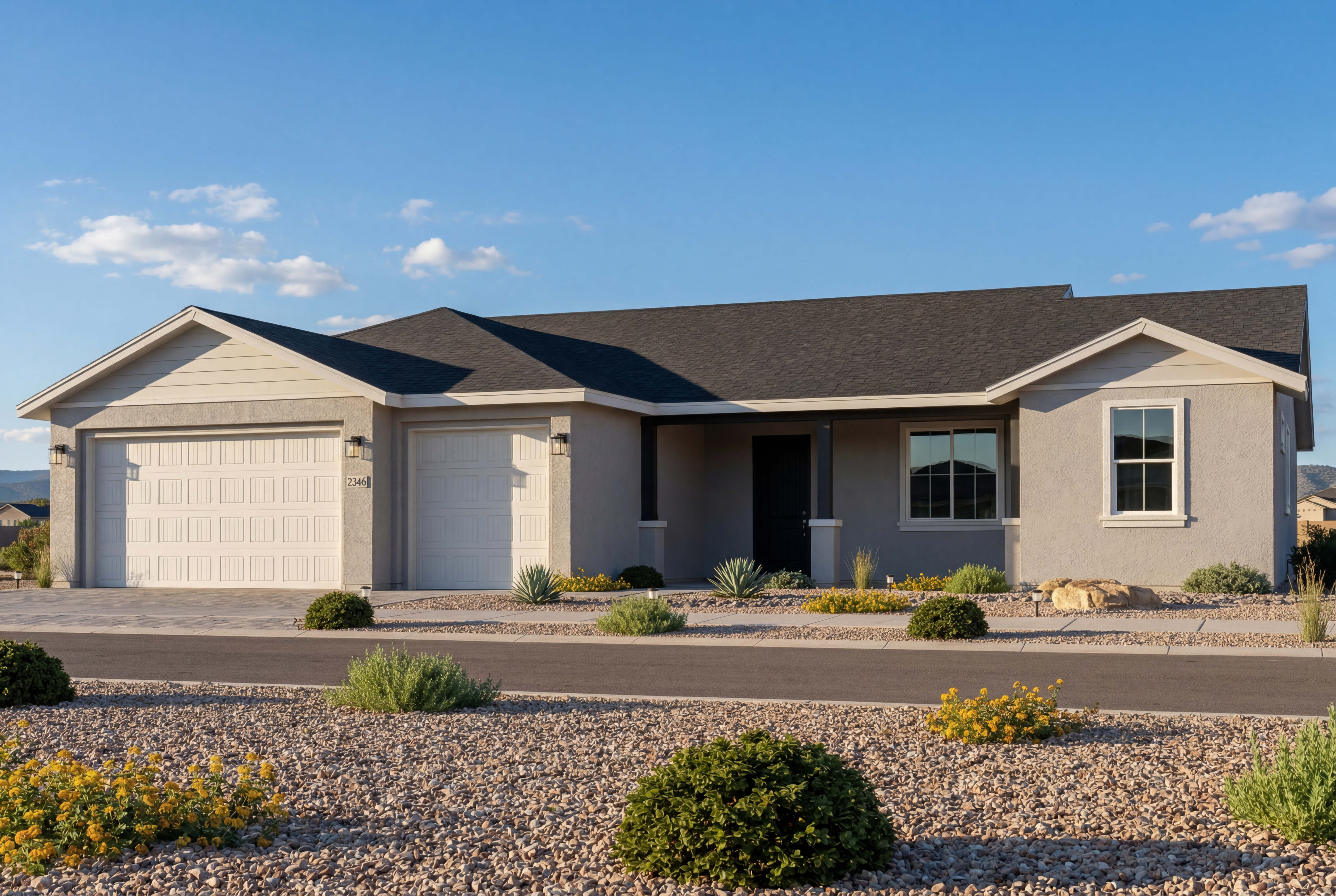Modern exterior of The Monarch by Evermore Homes featuring a 3-car garage, single-story design, and desert landscaping.