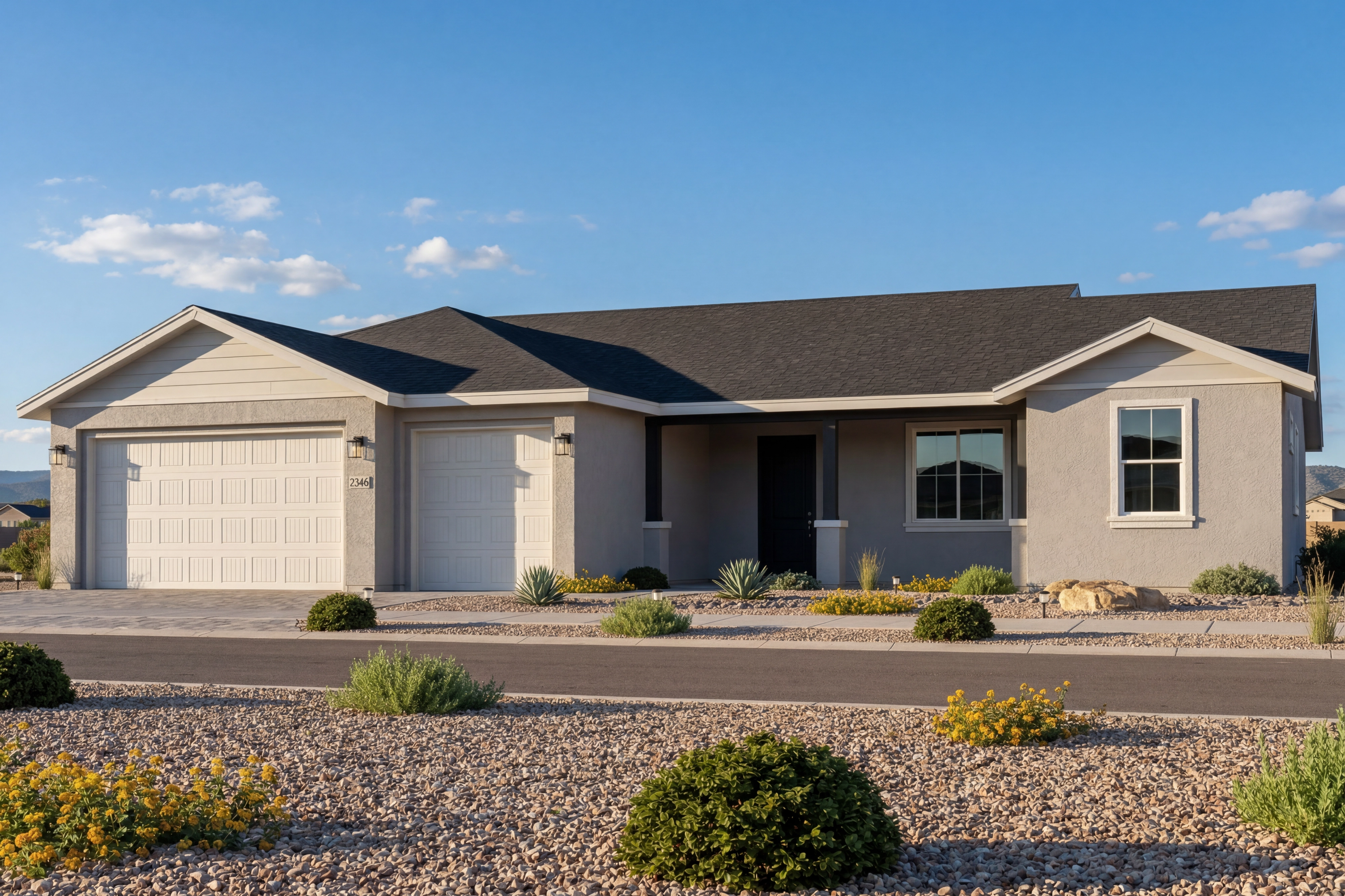 Exterior front elevation of The Monarch, a 1-story single-family home by Evermore Homes with a 3-car garage in Prescott.