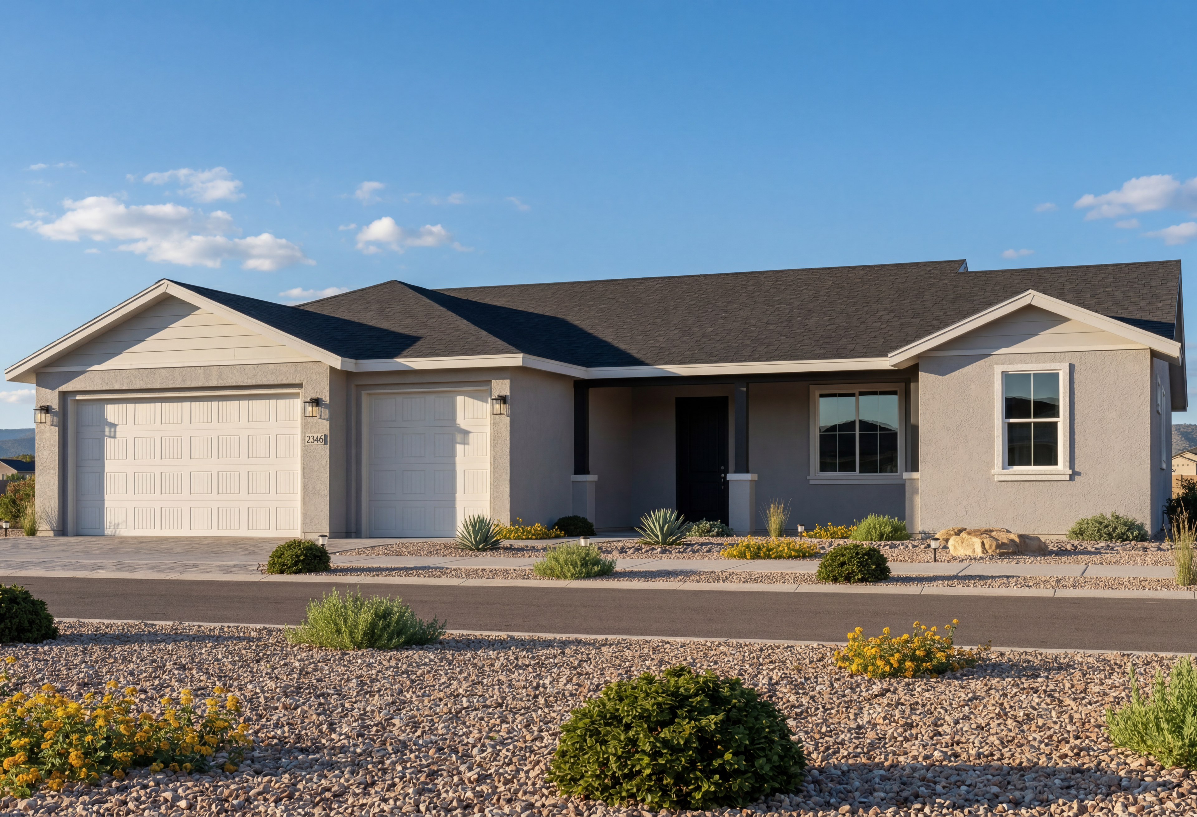 Modern exterior of The Monarch by Evermore Homes featuring a 3-car garage, single-story design, and desert landscaping.