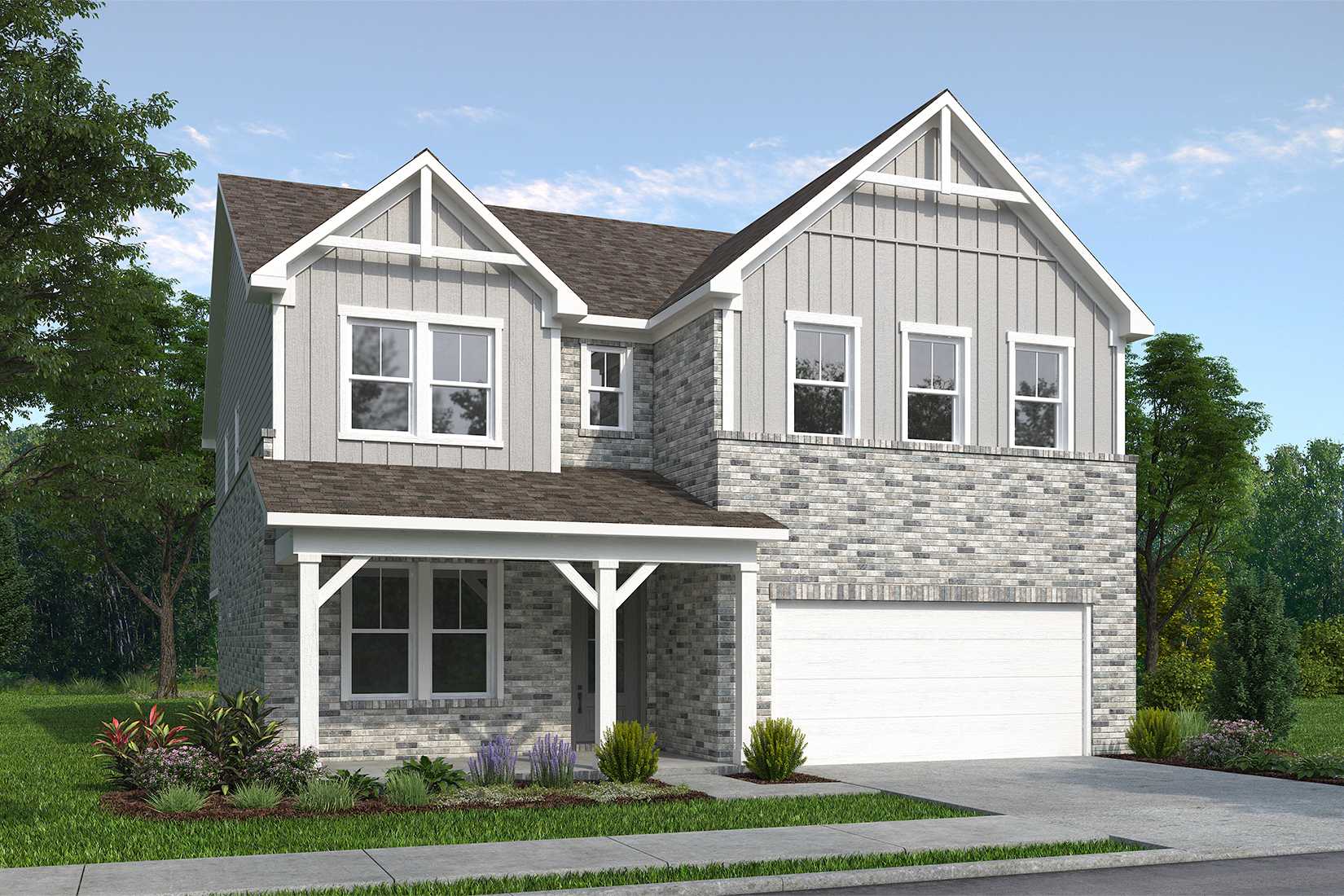 Two-story The Aspen B elevation by Davidson Homes in Buford, GA: gray siding, brick accents, gabled roof, covered porch, 2-car garage