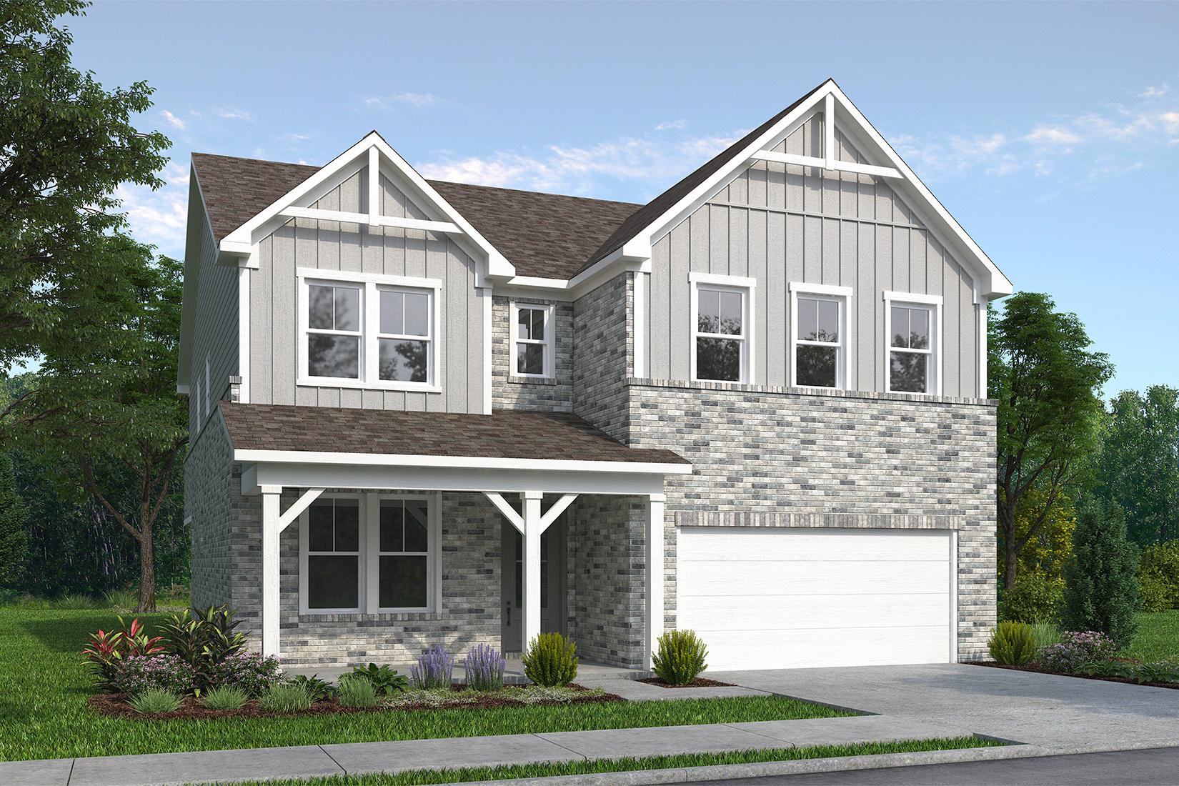 Two-story The Aspen B elevation by Davidson Homes in Buford, GA: gray siding, brick accents, gabled roof, covered porch, 2-car garage