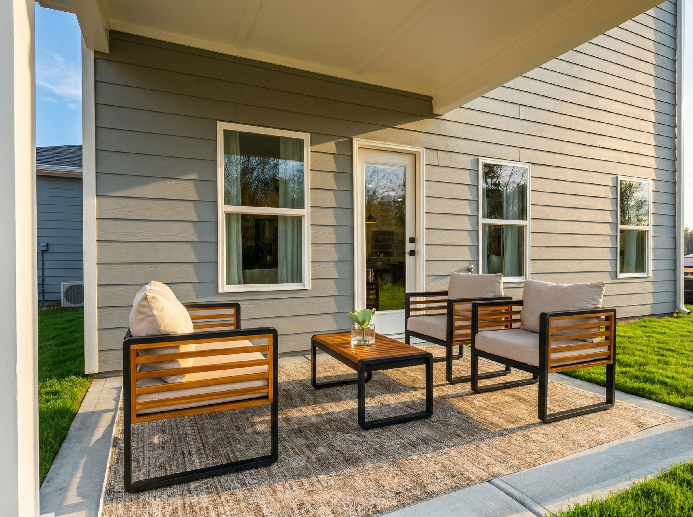 Cozy covered patio at Links Crossing in Auburn Alabama with cushioned armchairs, wooden coffee table and lush green lawn