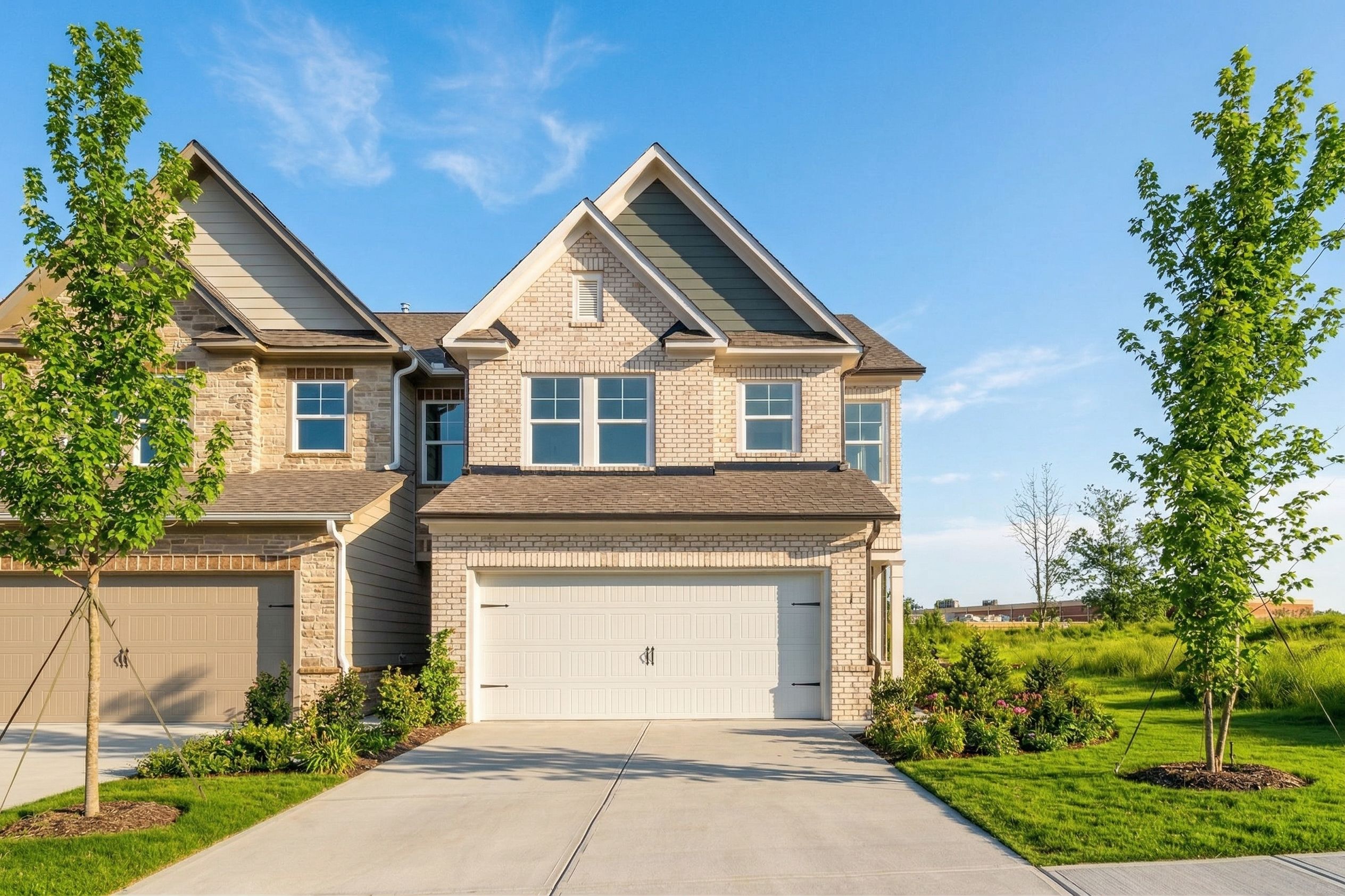 Two-story brick and siding home with 4-car garage, concrete driveway, and landscaped yard in Lake Shore, Winder, Georgia